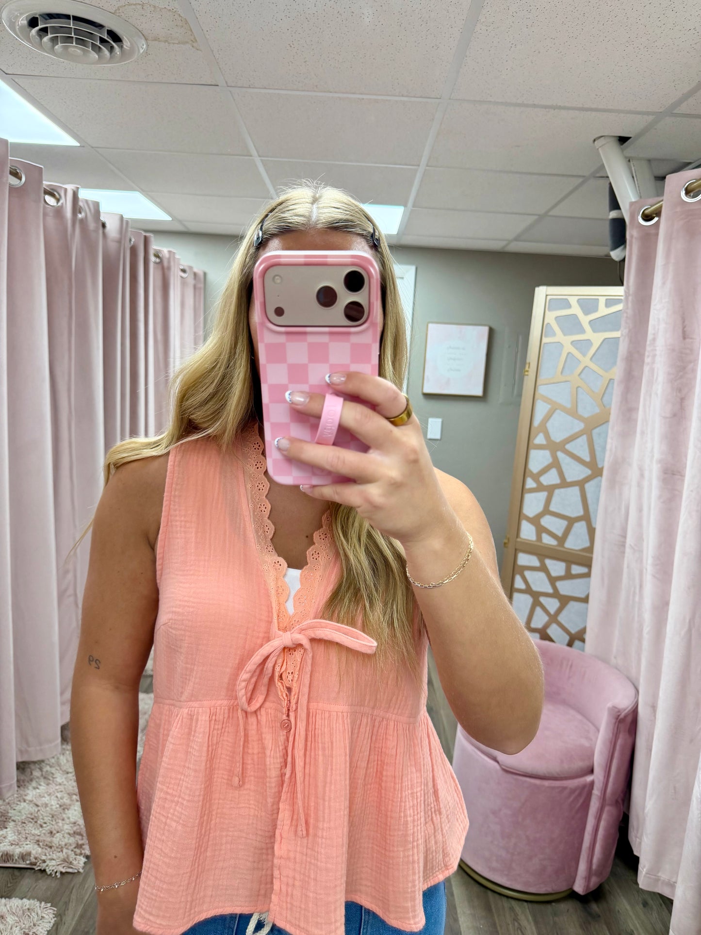 Sleeveless Button Front Lace Trim Top