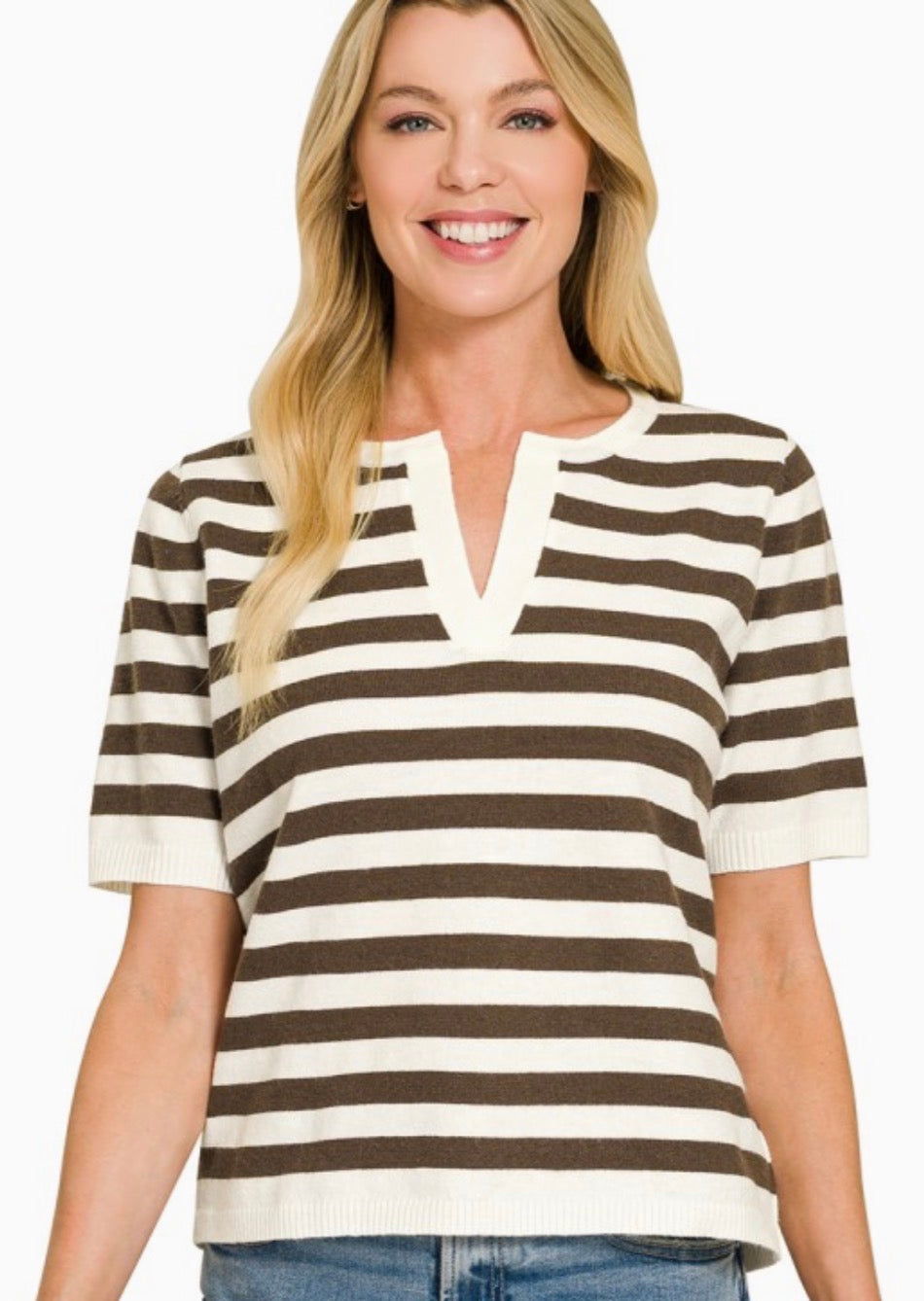 Split Neck Short Sleeve Sweater