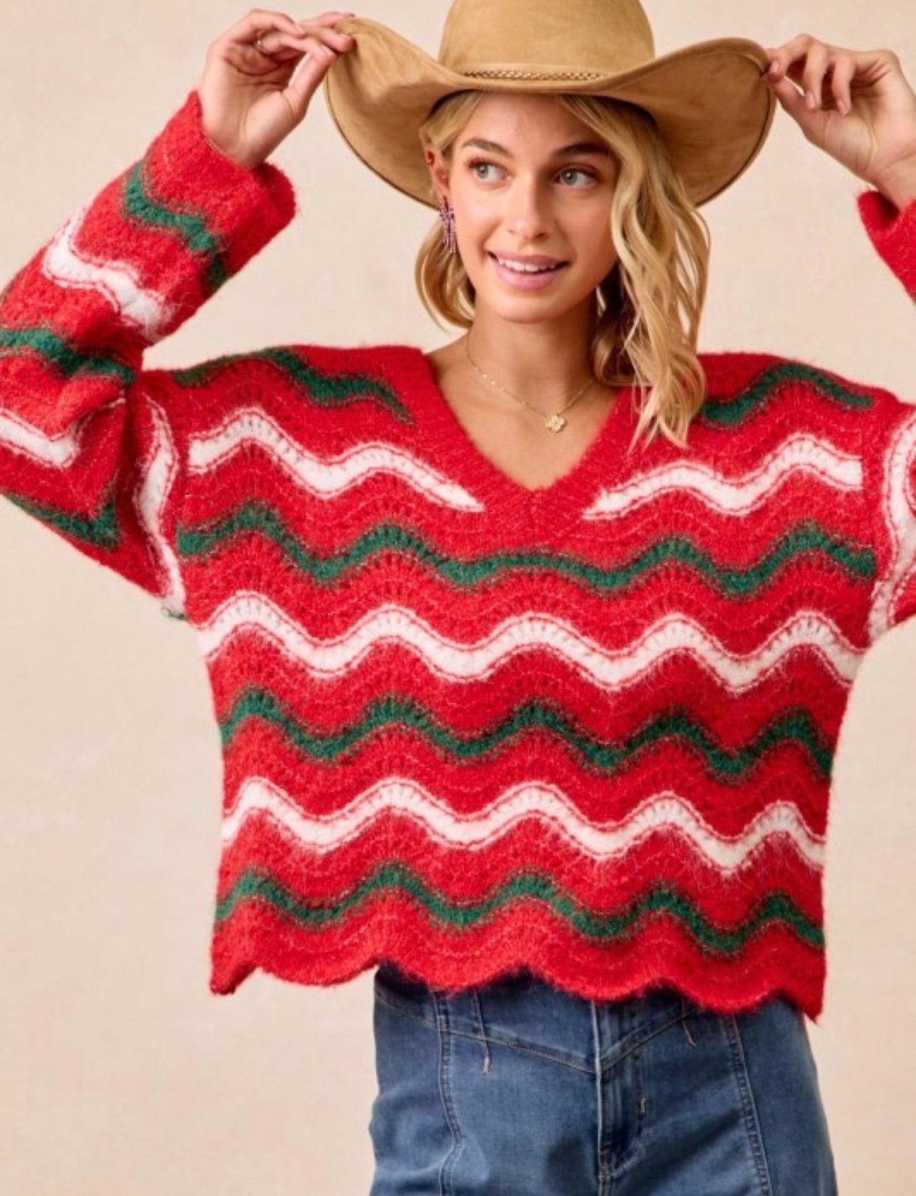 Wavy Stripe V Neck Sweater