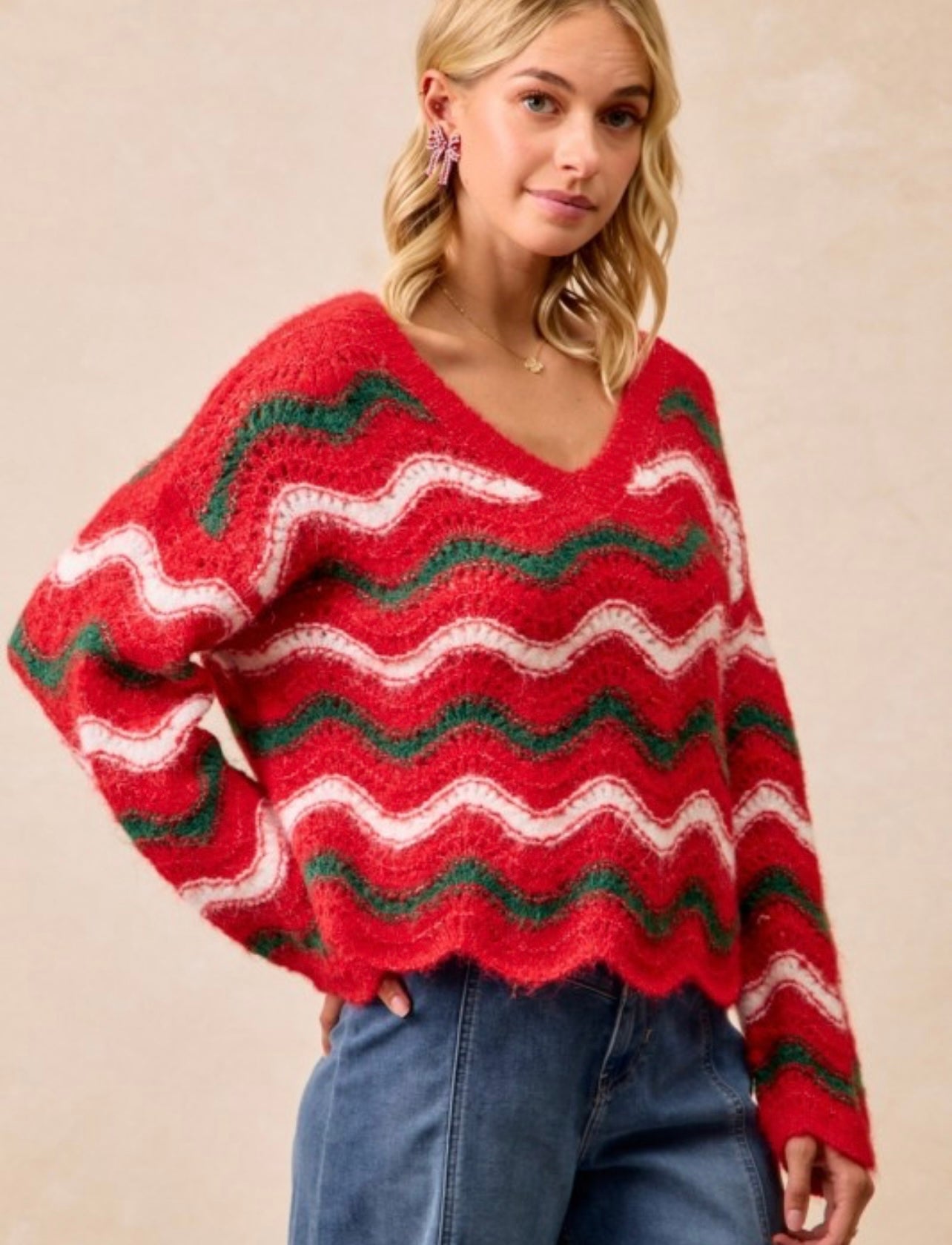 Wavy Stripe V Neck Sweater