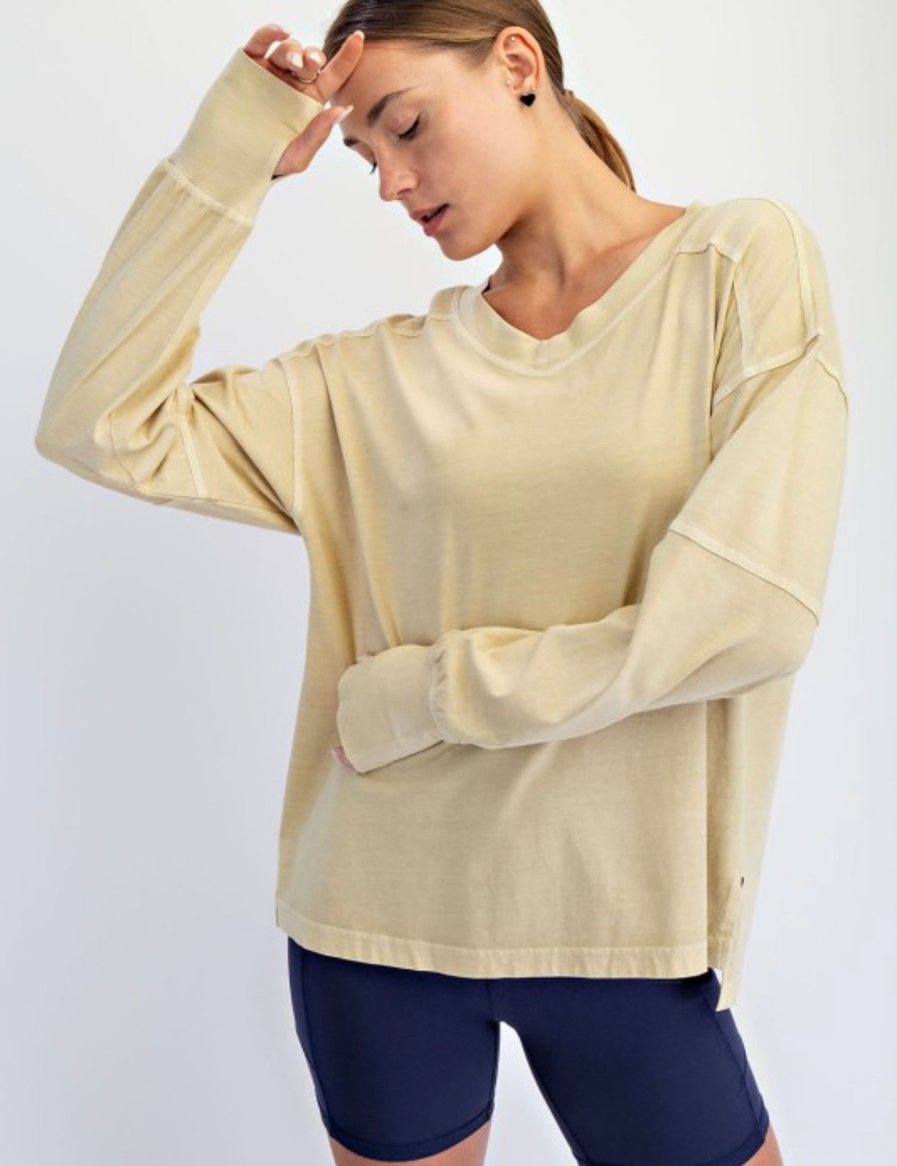 Pigment Washed V Neck Long Sleeve
