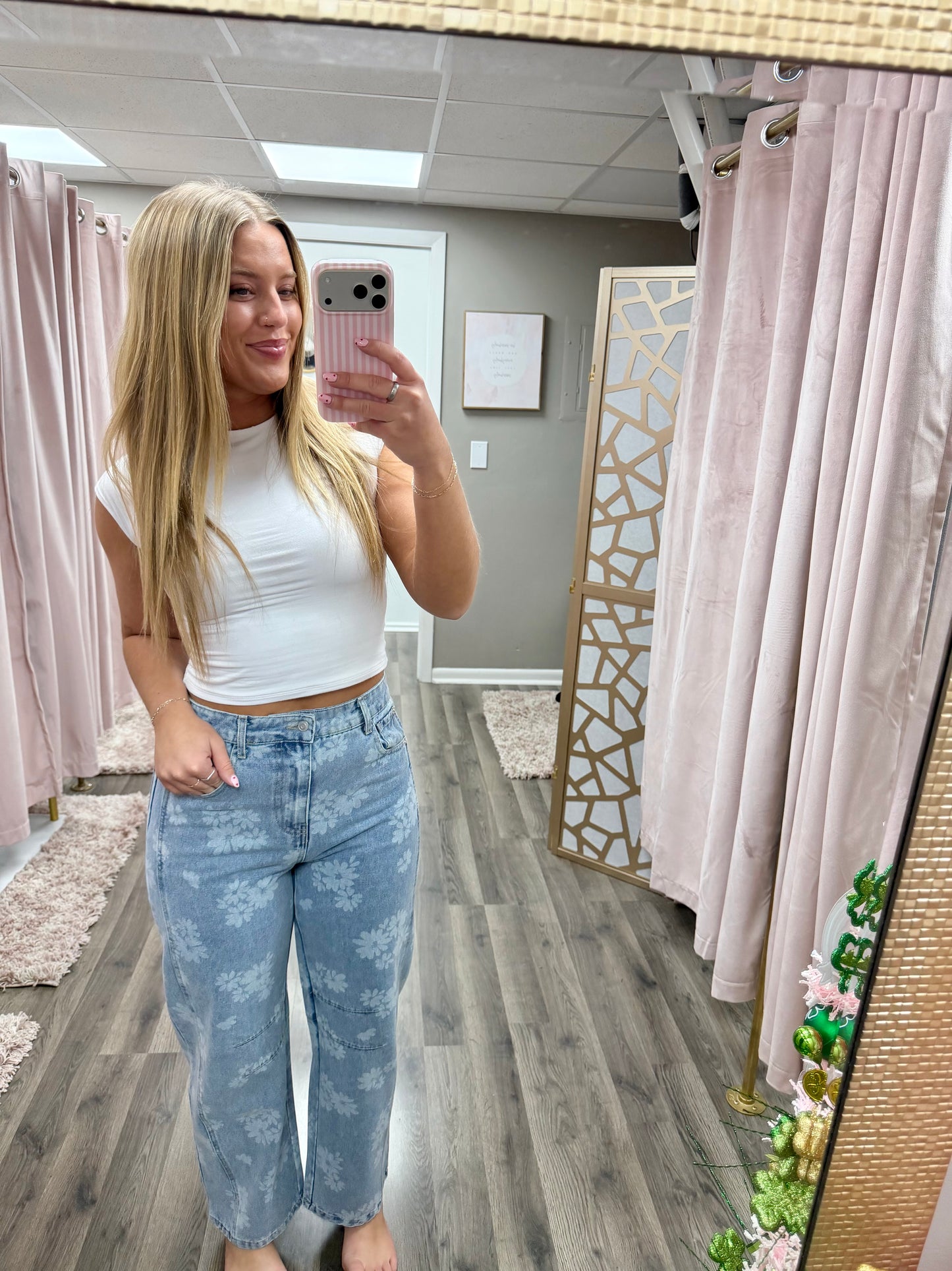 Floral Printed Barrel Jean