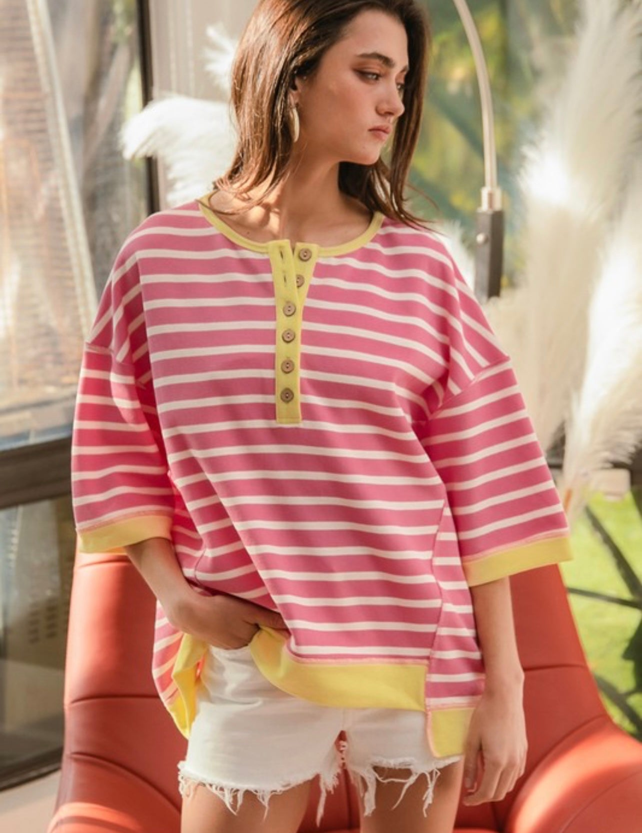 Stripe Contrast Band Detail Top