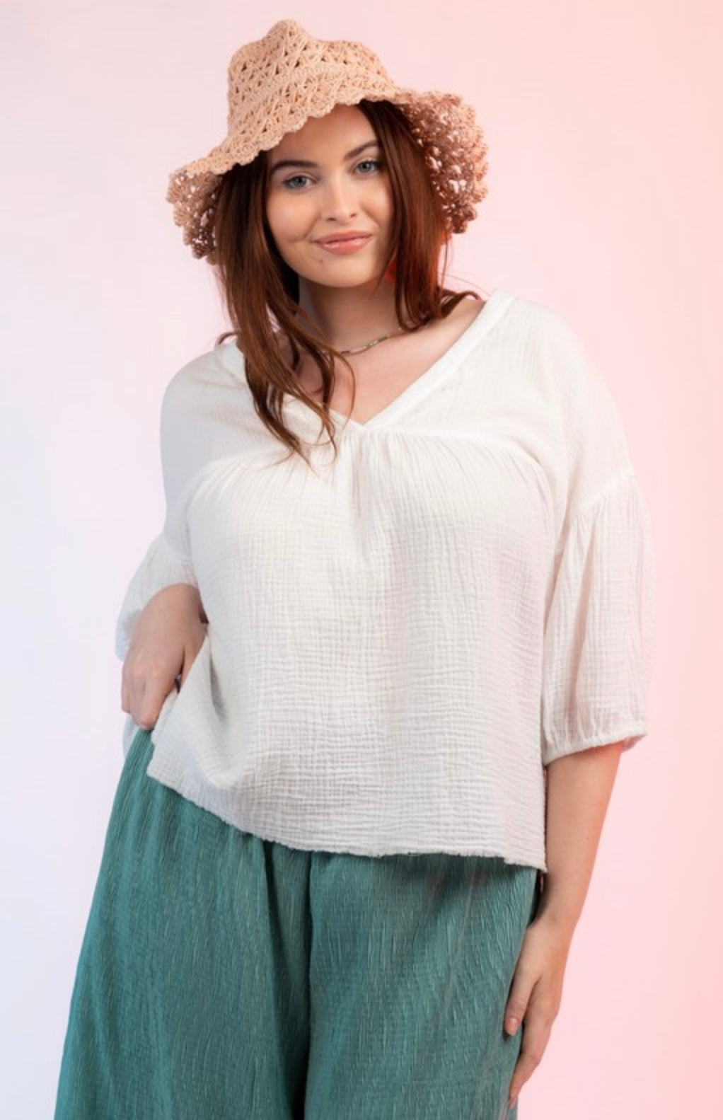 Double Gauze V Neck Top