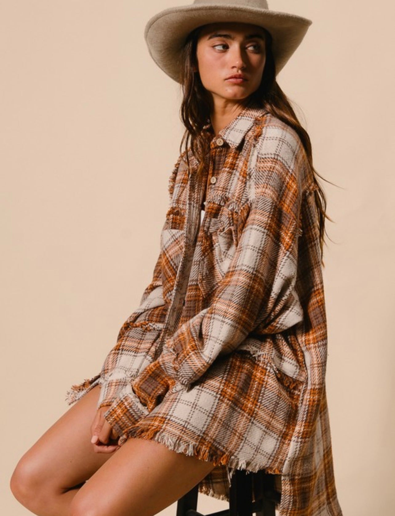 Checked Woven Frayed Shacket