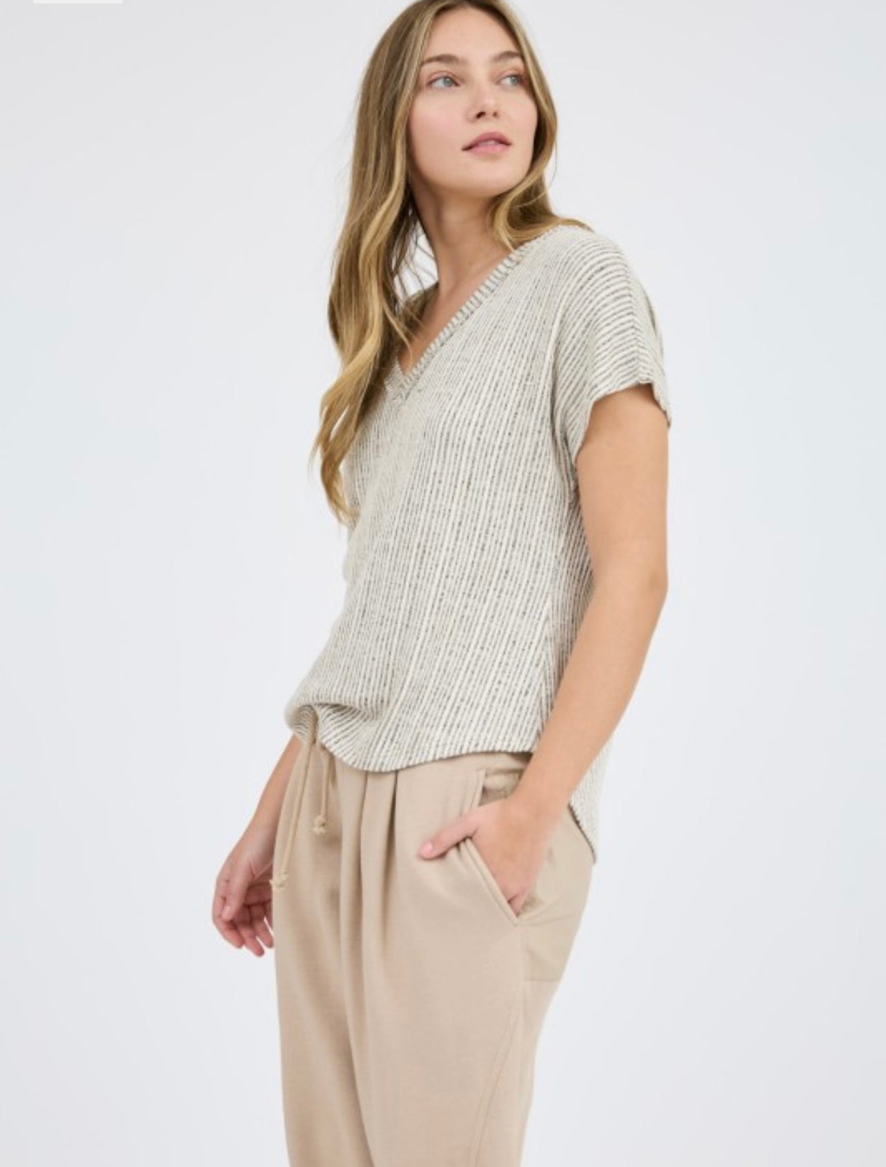 Plus V Neck Extended Short Sleeve Knit Top