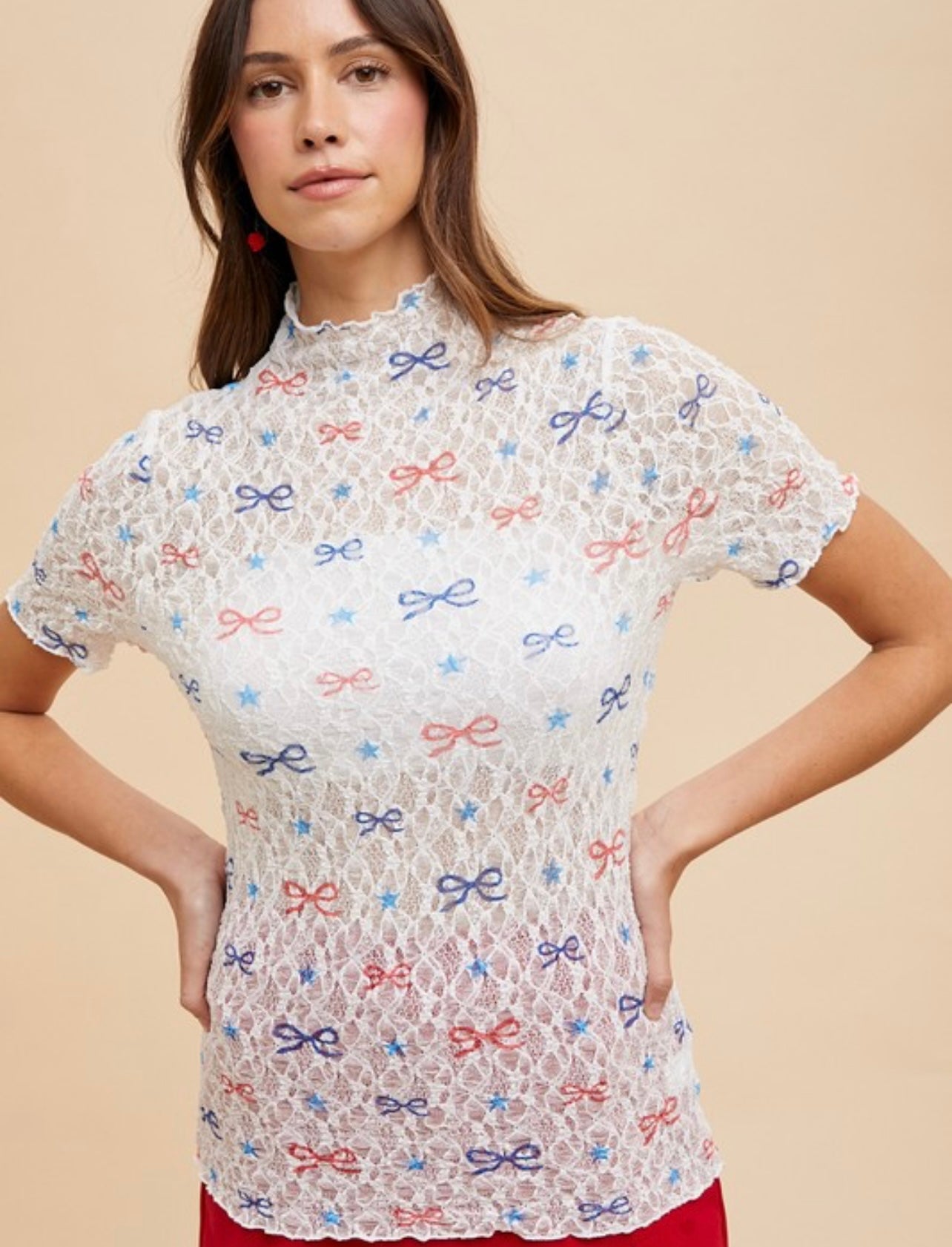 Stars Print Lace Mock Neck Top