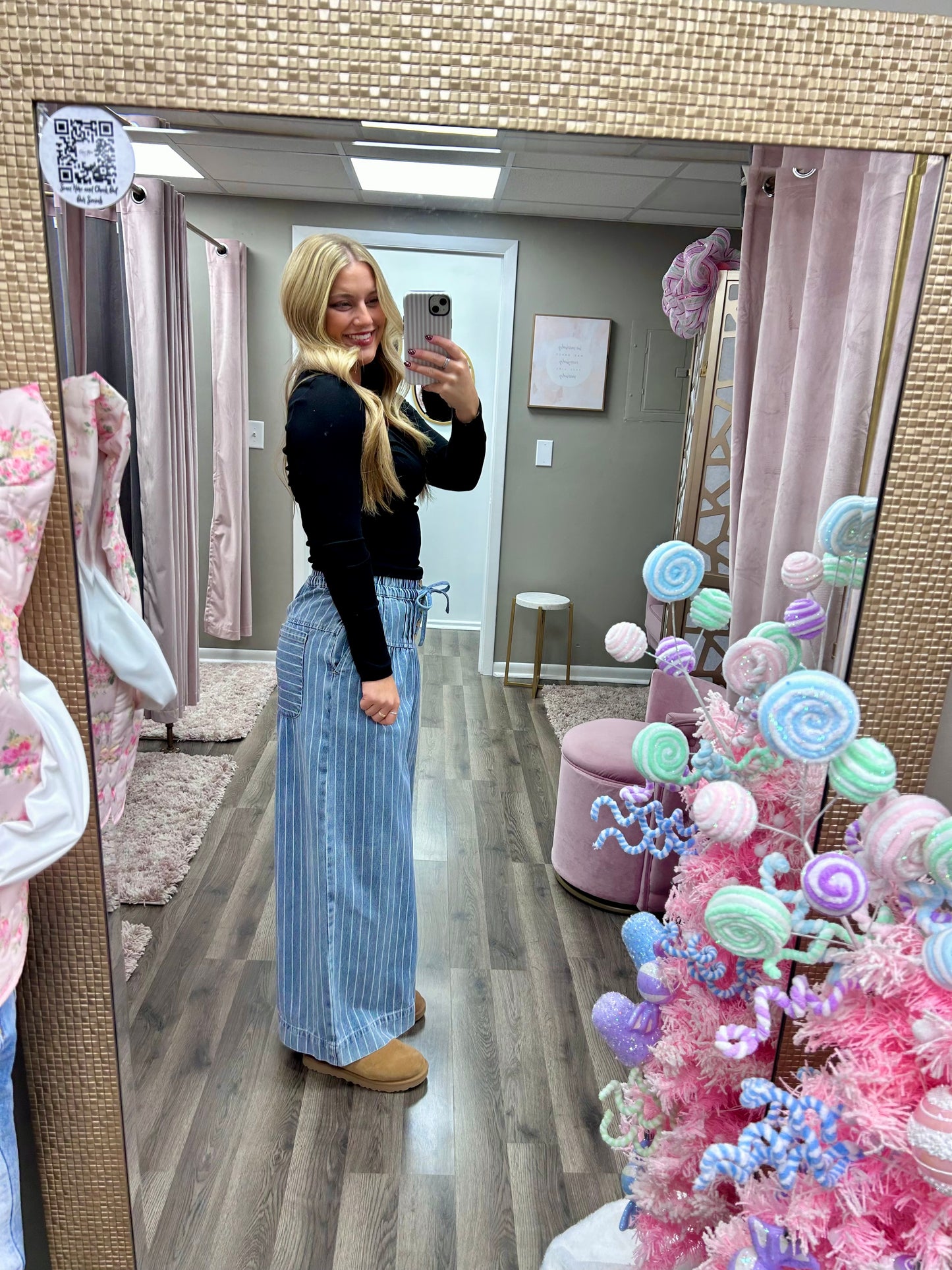 Striped Denim Pin Tuck Pant