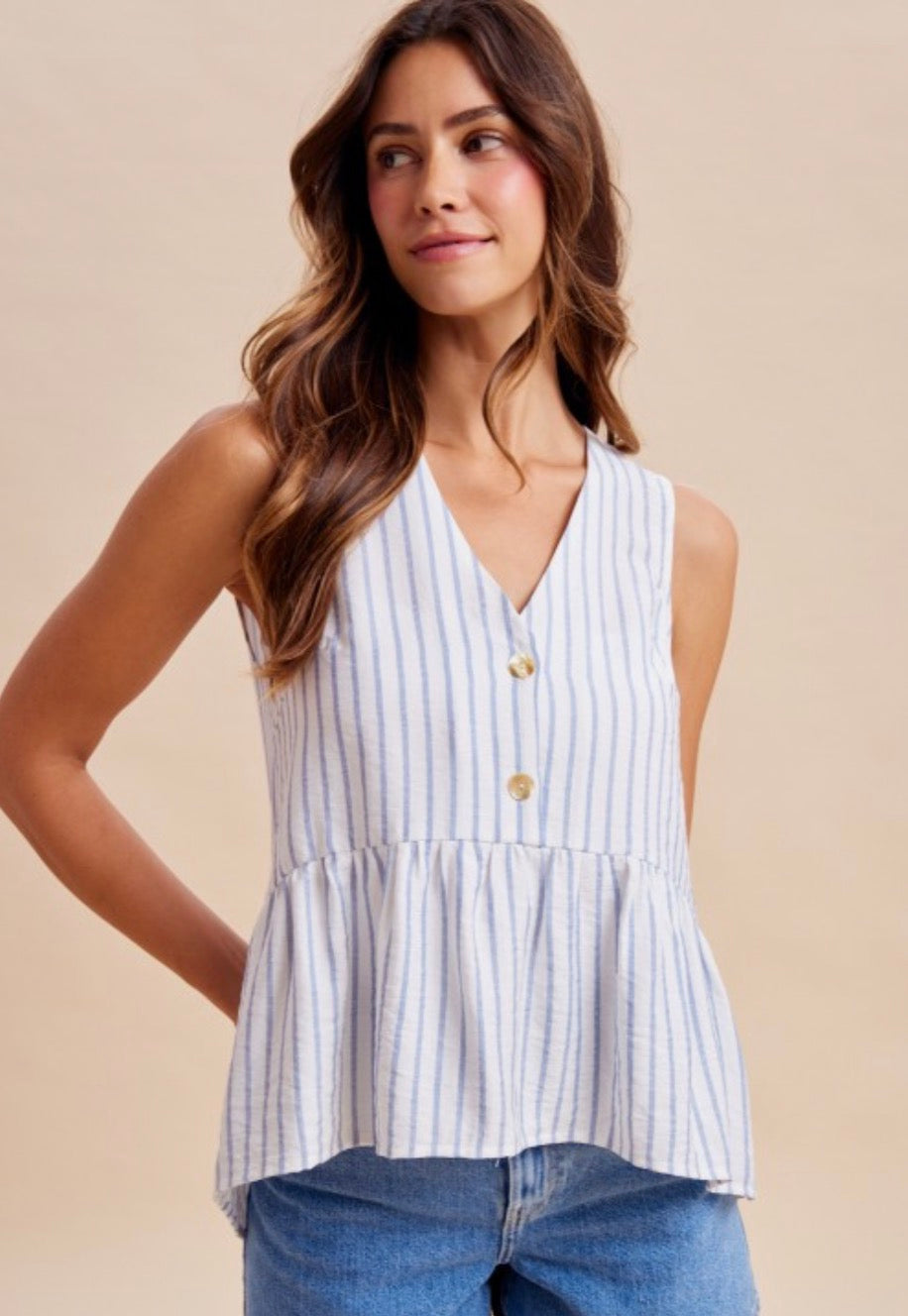 Woven V Neck Striped Peplum Top