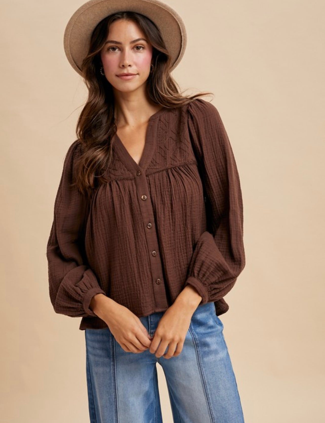Embroidered Gauze Babydoll Blouse