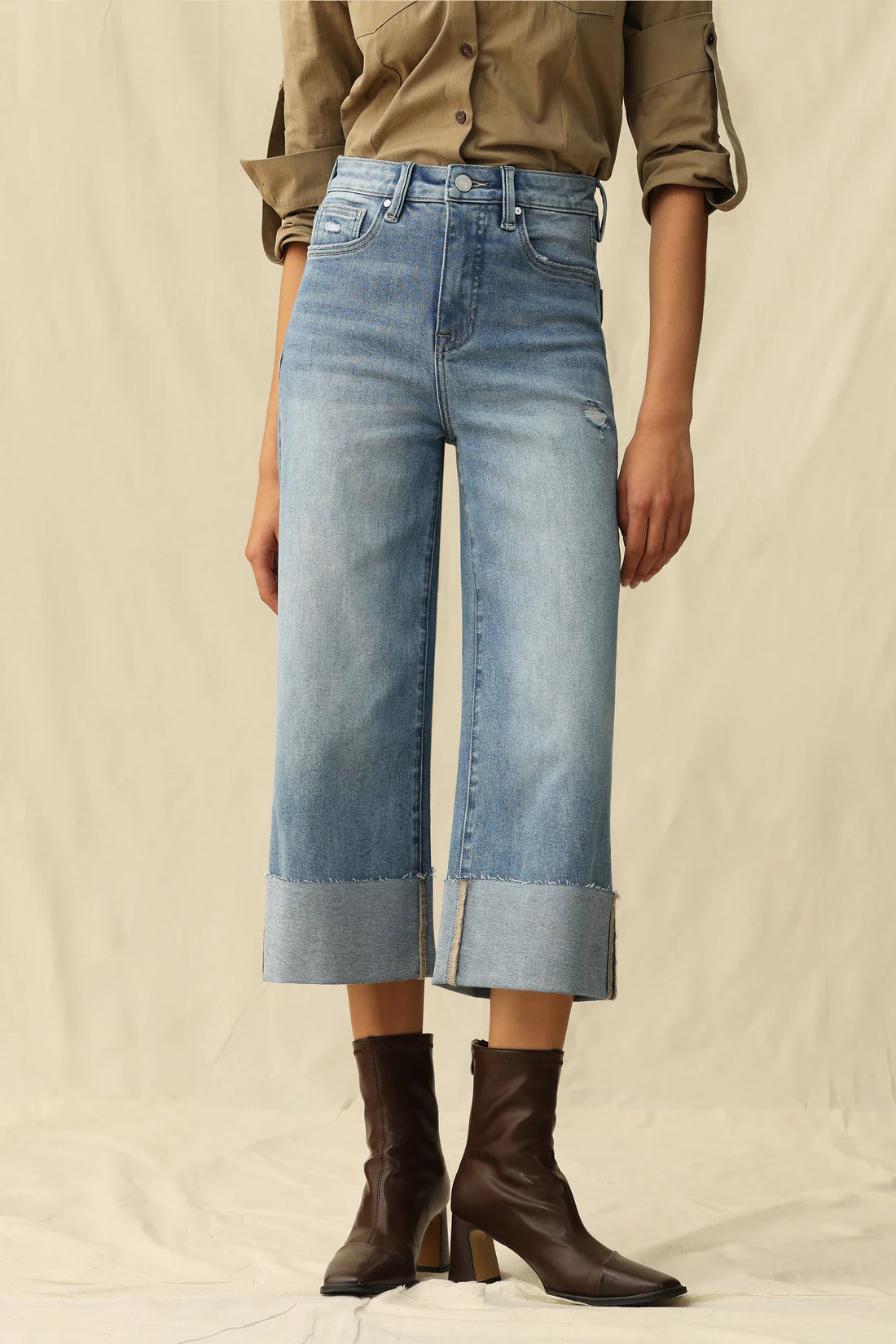 Bayeas Cuffed High Rise Wide Leg Jean