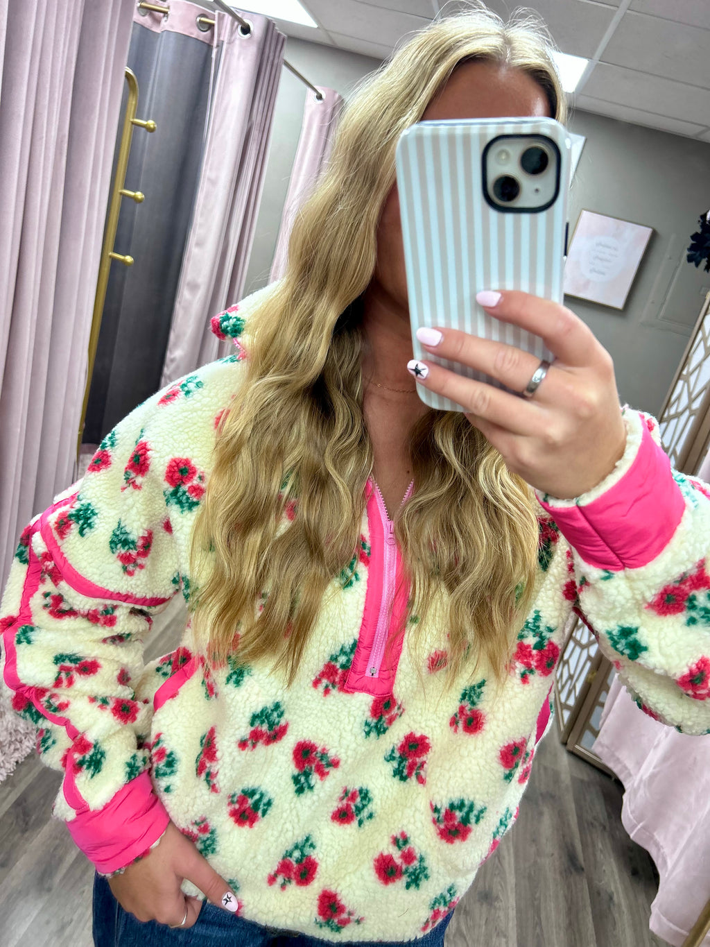 Rose Fleece Floral Half Zip Jacket