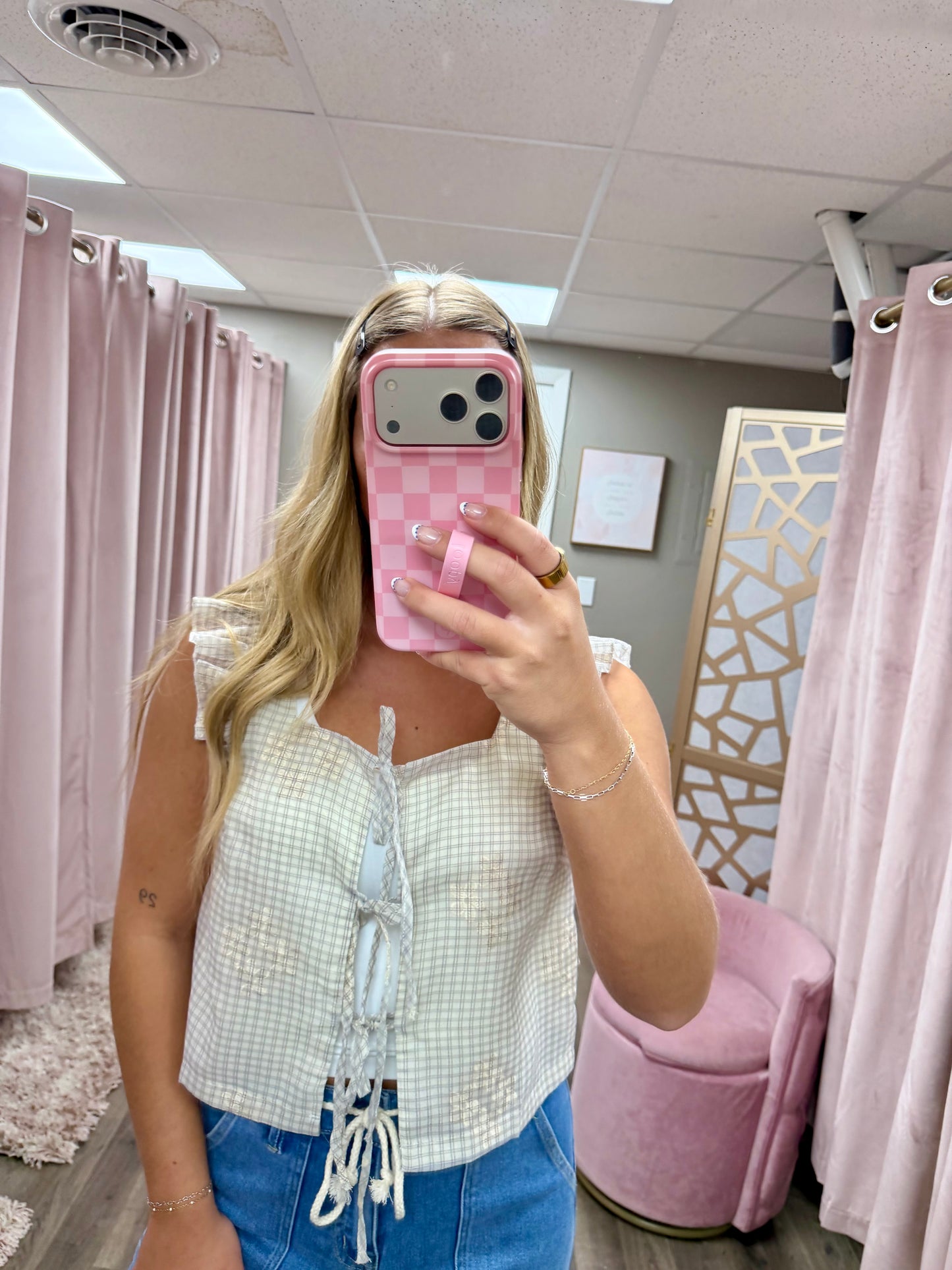 Embroidered Gingham Tie Front Top