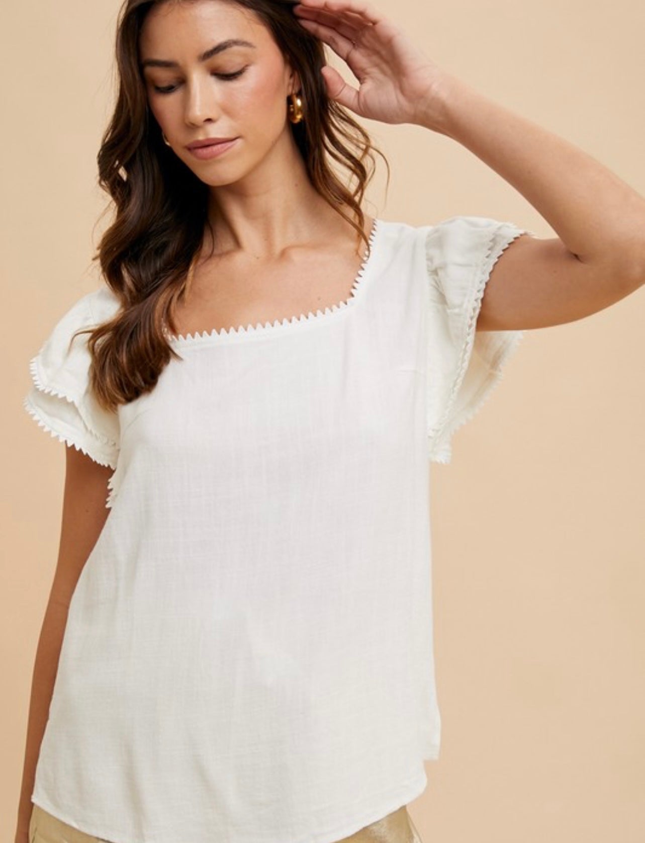 Crochet Trimmed Ruffle Sleeve Top