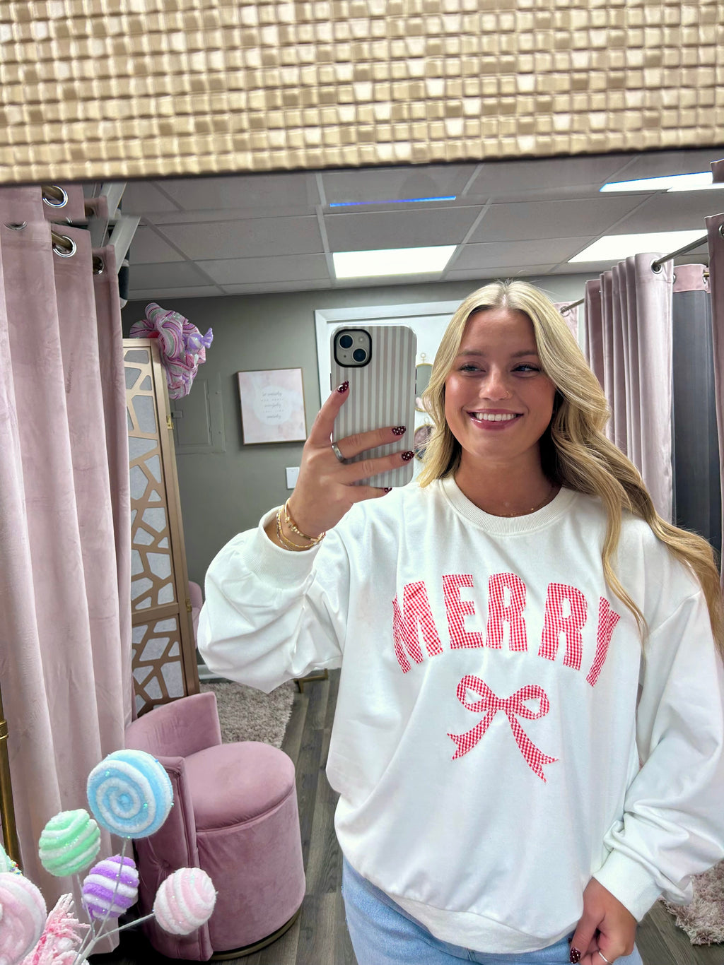 Merry Patchwork Bow Crewneck