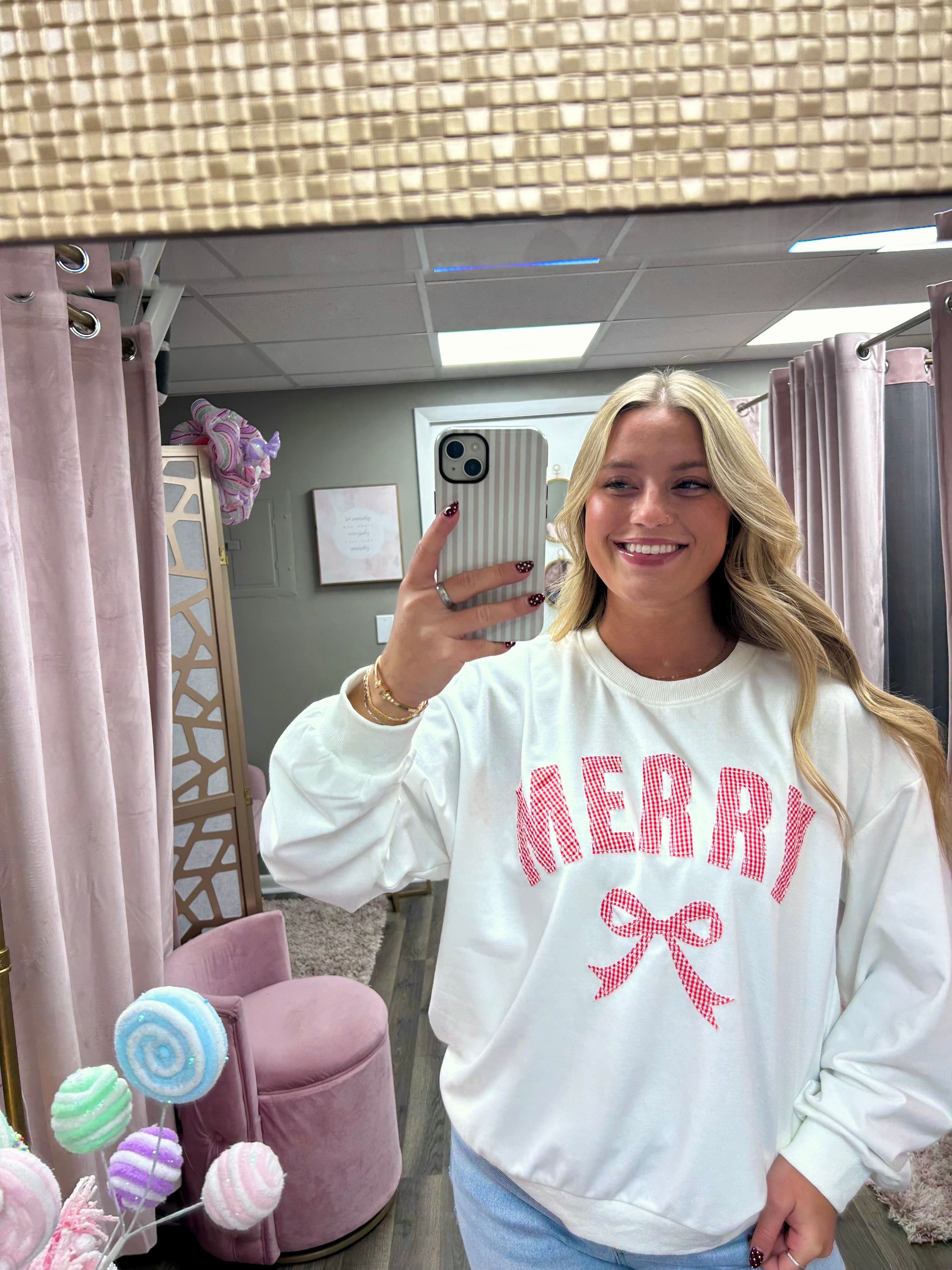 Merry Patchwork Bow Crewneck