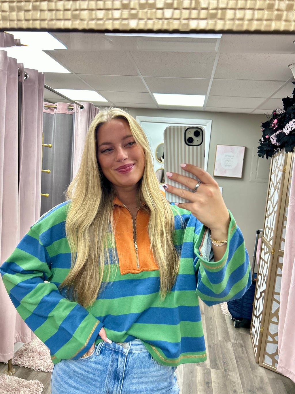 Striped Quarter Zip Collar Sweatshirt