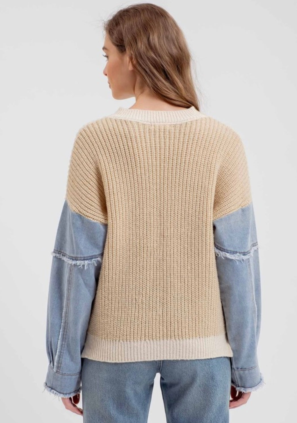 Denim Sleeve Crew Sweater