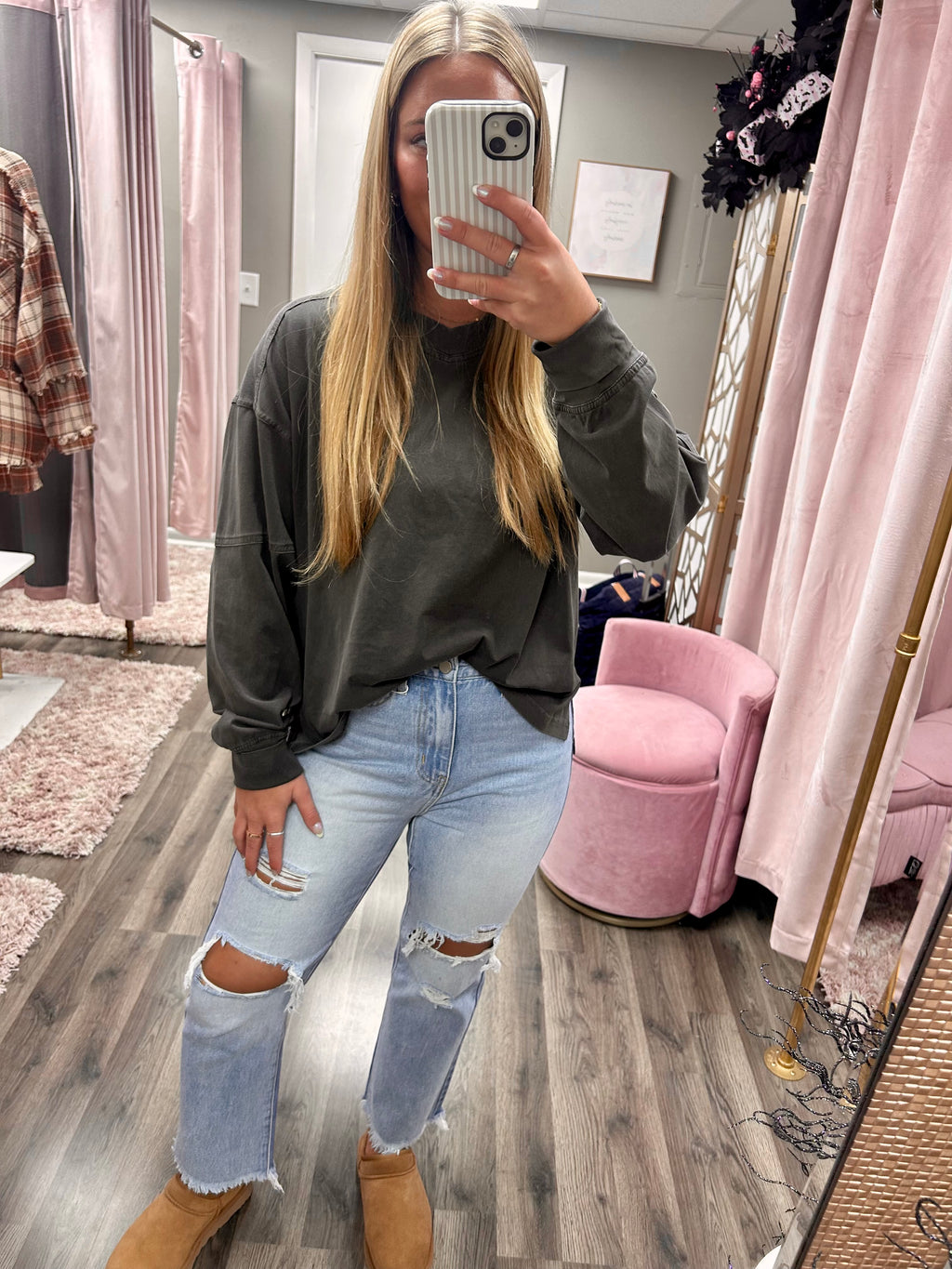 Bayeas Distressed High Rise Straight Leg Jean