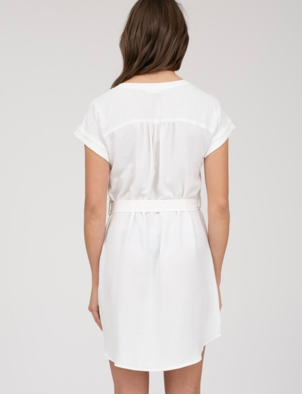 Split Neck Belted Mini Shirt Dresd