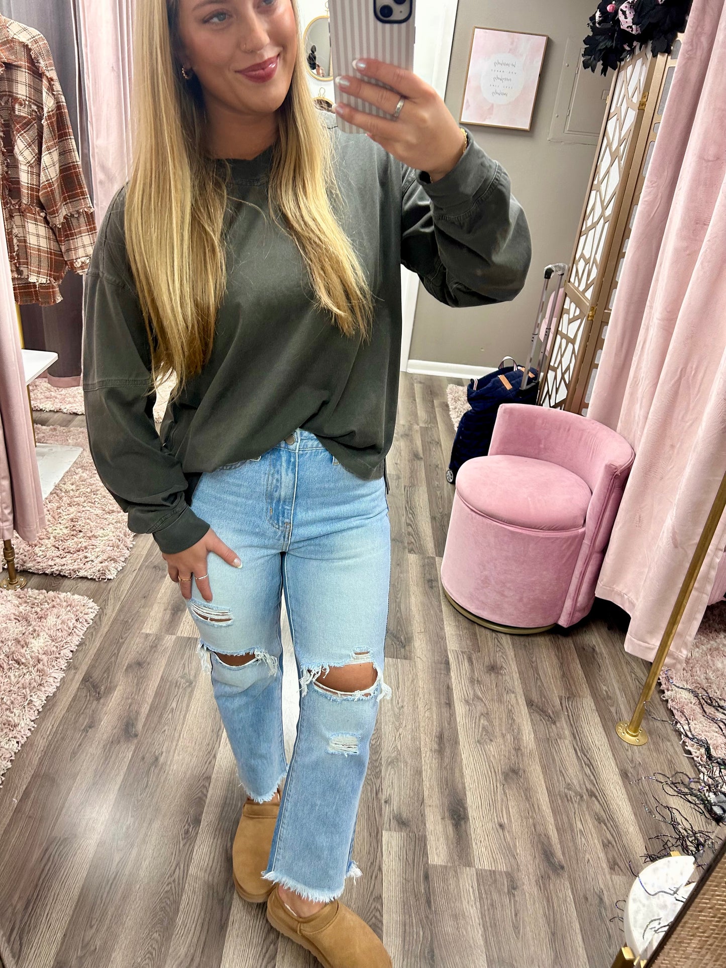 Bayeas Distressed High Rise Straight Leg Jean