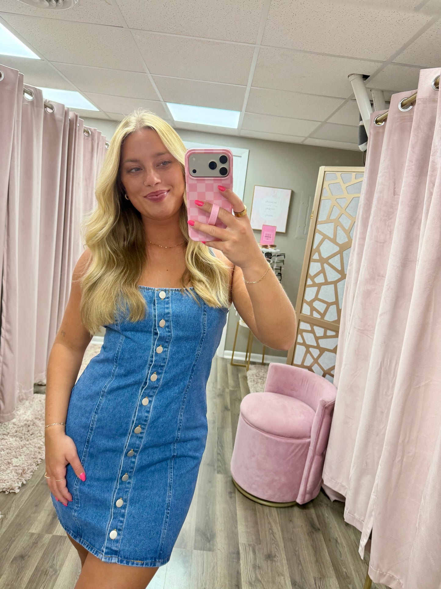 Button Front Halter Denim Mini Dress
