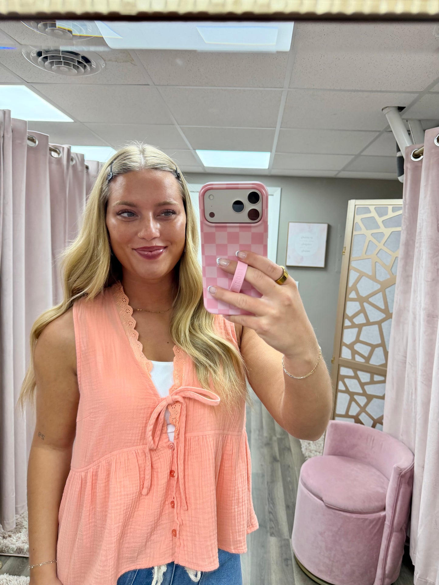 Sleeveless Button Front Lace Trim Top