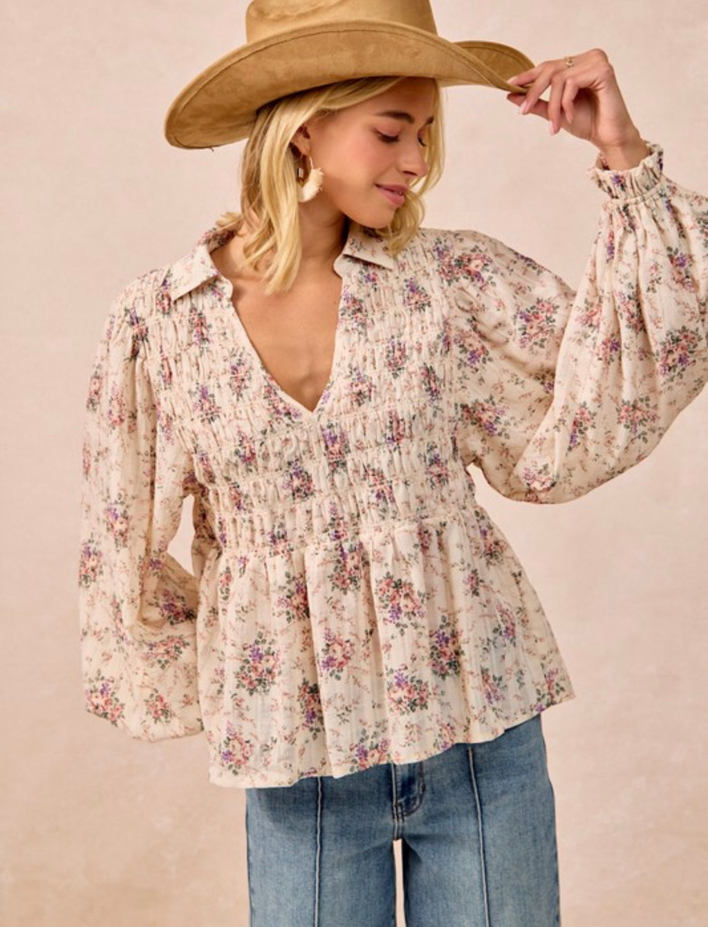 Floral Printed V Neck Balloon Sleeve Top
