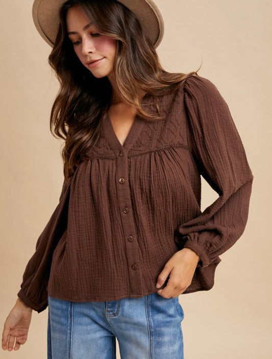 Embroidered Gauze Babydoll Blouse