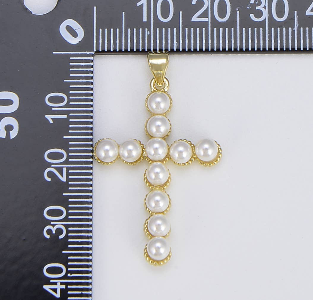 Gold Filled Pearl Cross Charm, Faith Cross Pendant, CP1344: Silver