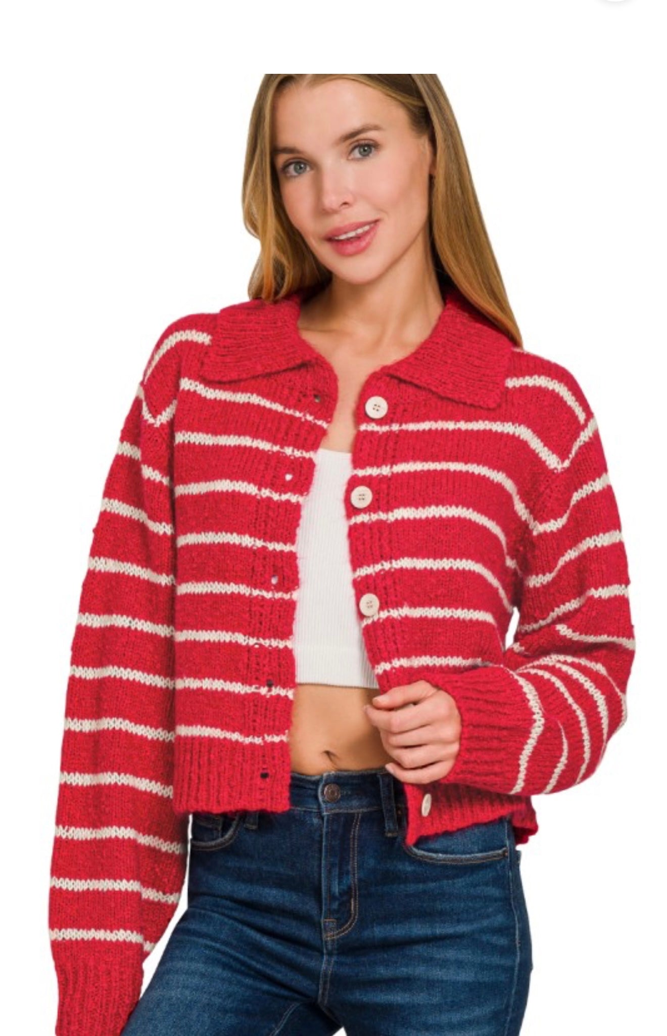 Striped Collared Button Cardigan