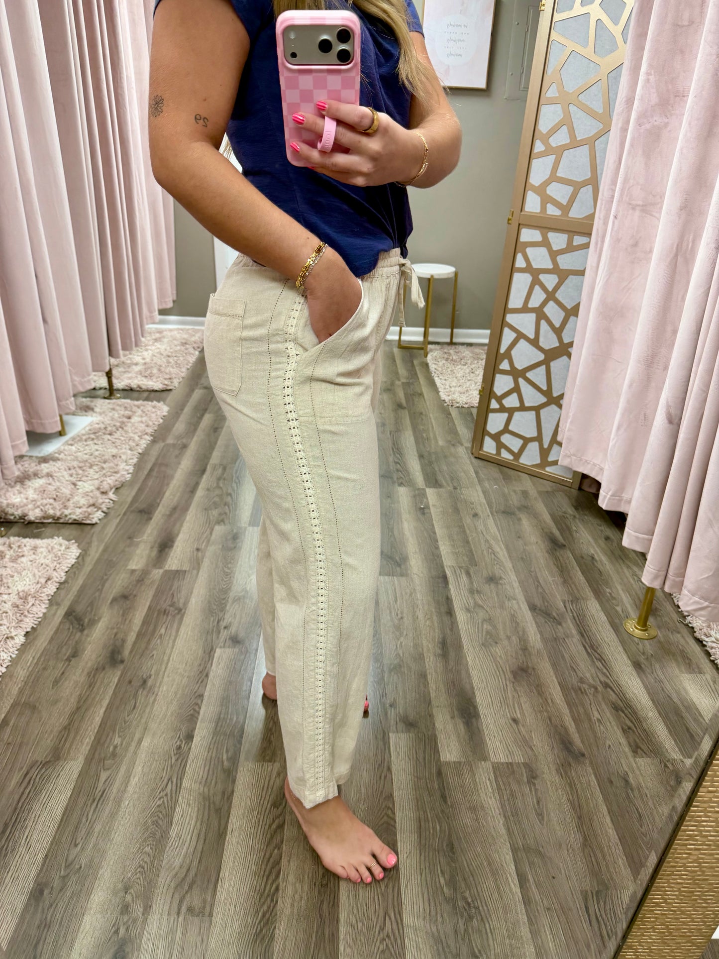 Crochet Detail Tapered Linen Pant