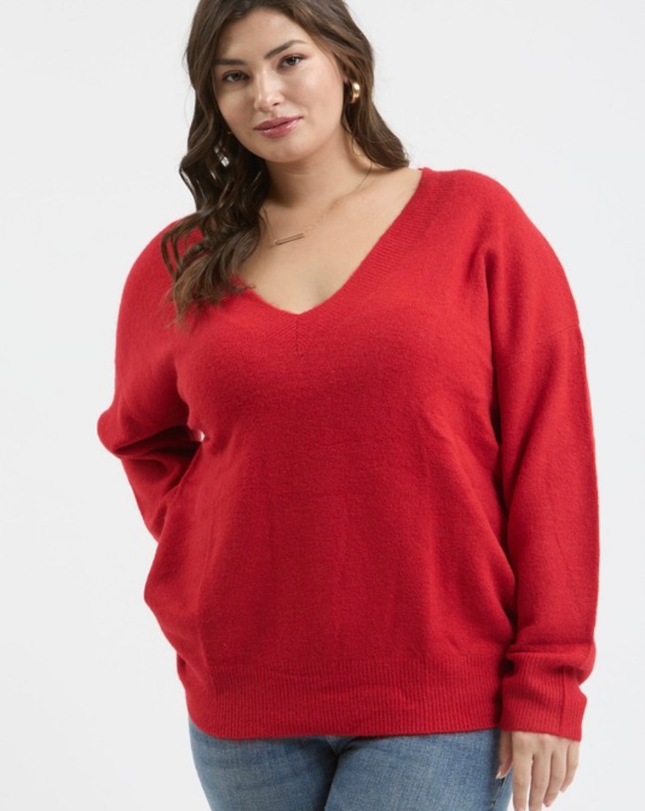 Solid V Neck Drop Shoulder Sweater