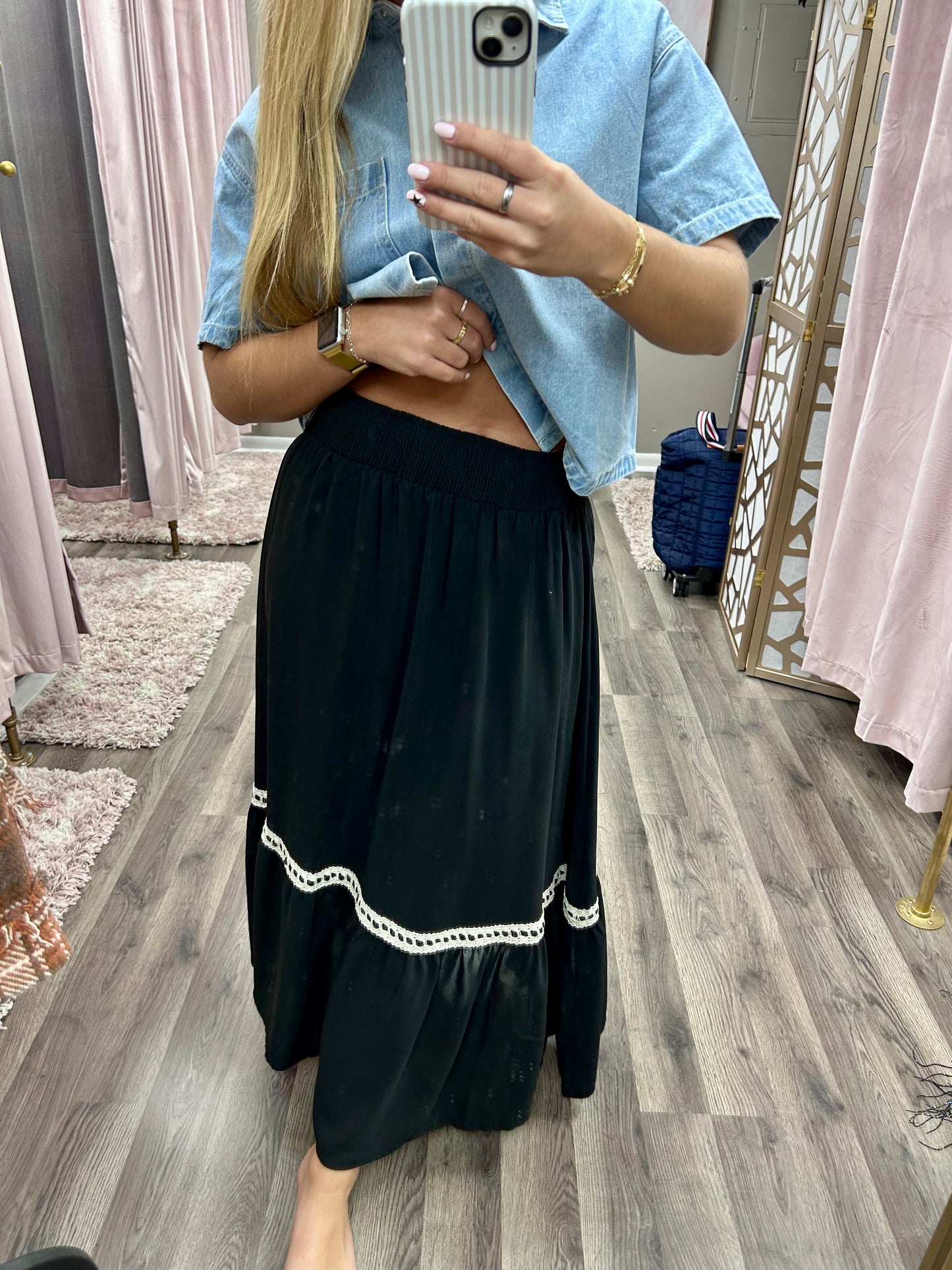 Contrast Lace Trim Midi Skirt