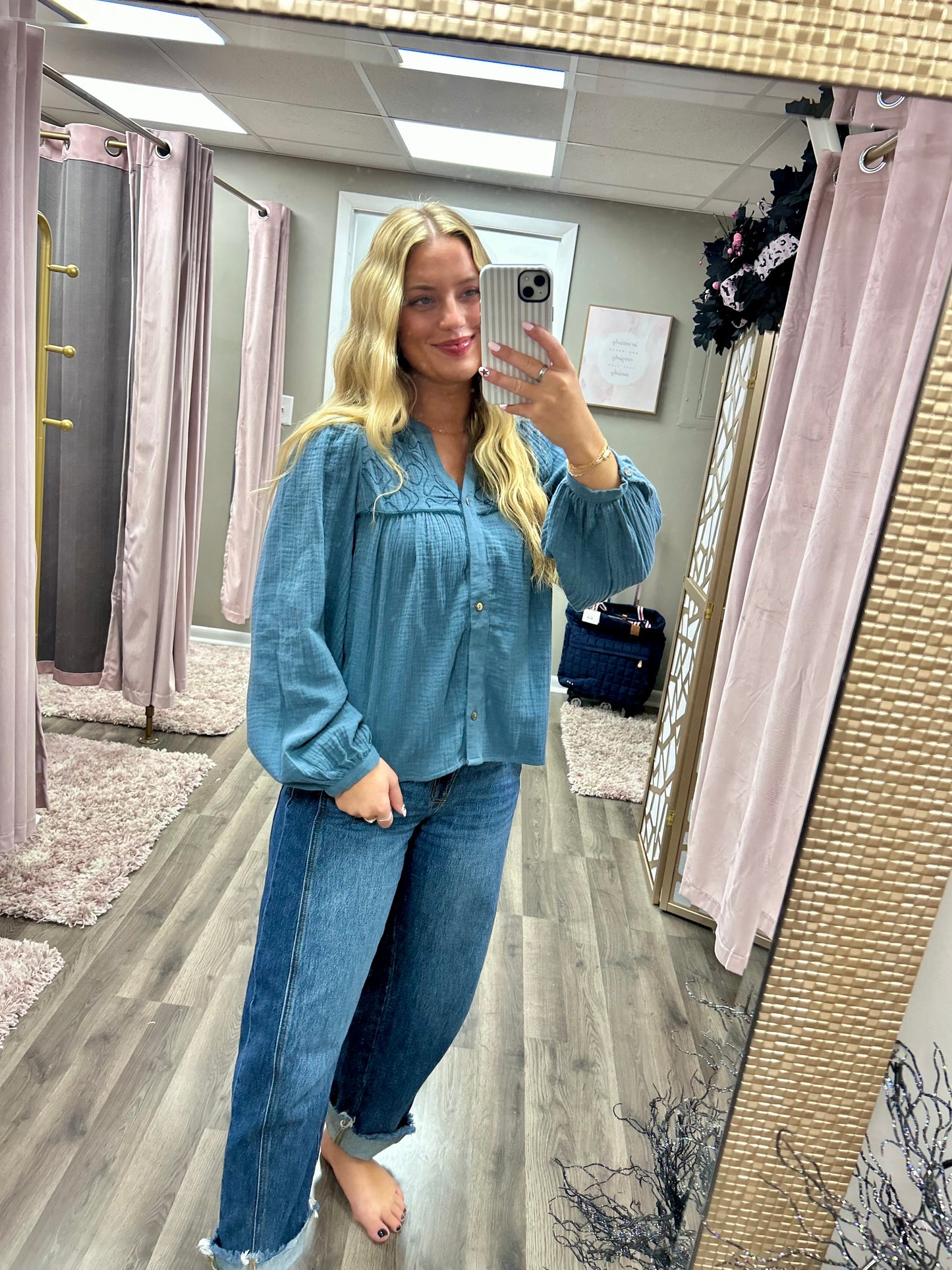 Embroidered Gauze Babydoll Blouse