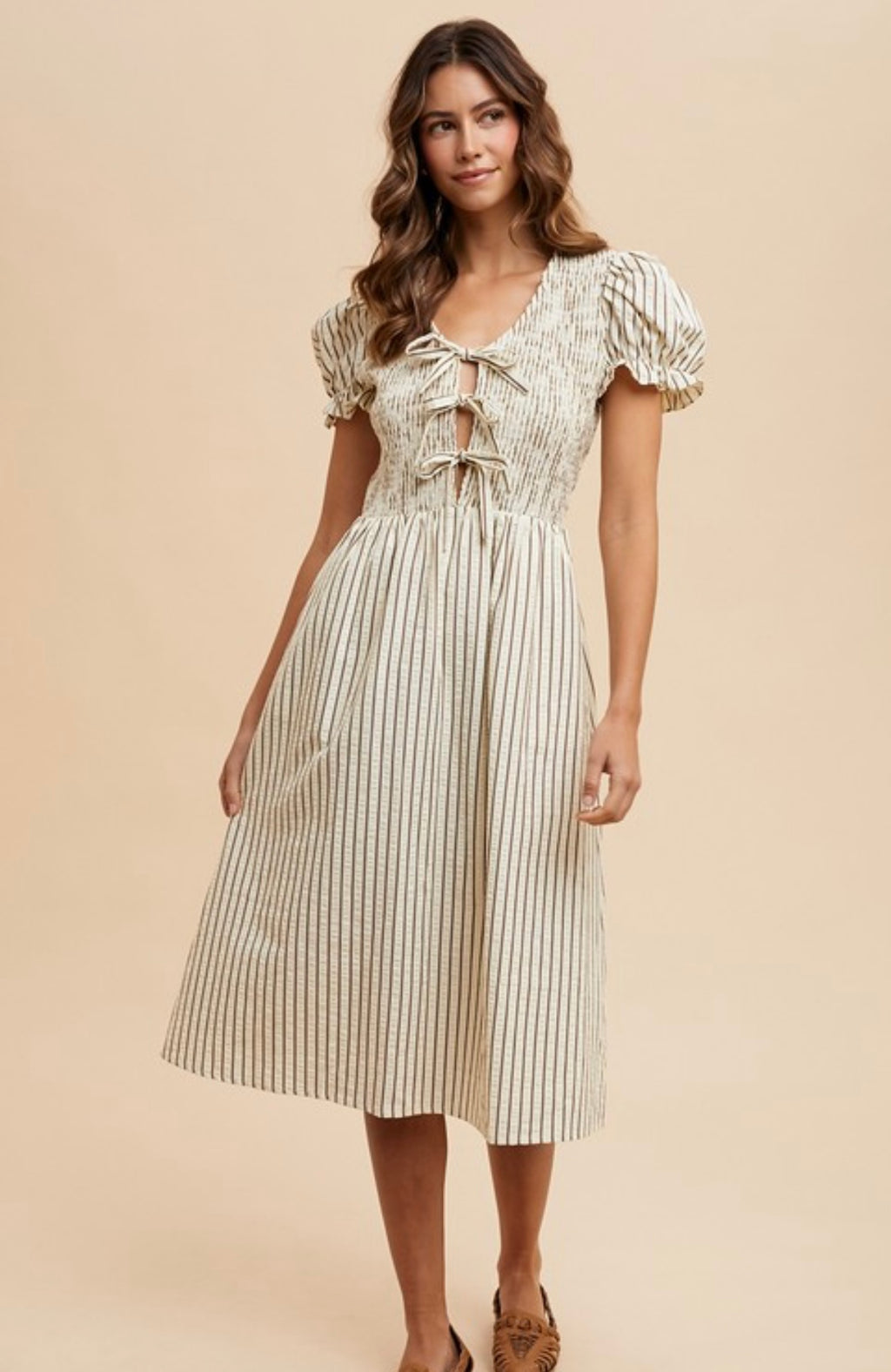 Stripe Bow Detail Smocking Dress
