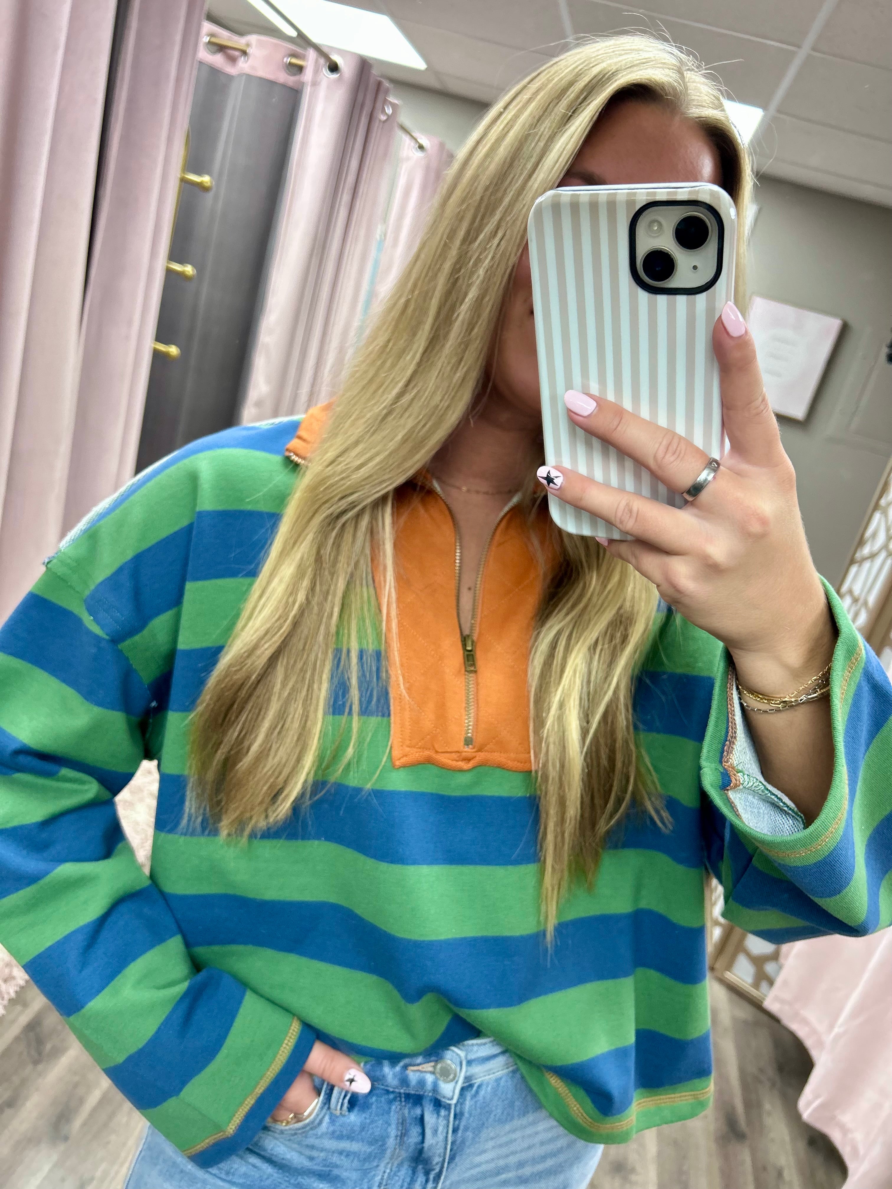 Striped Quarter Zip Collar Sweatshirt