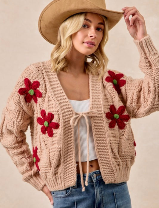 Flower Patched Bow Tie Cardigan