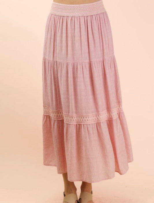 Tiered Woven Maxi Skirt W/ Lace Trim