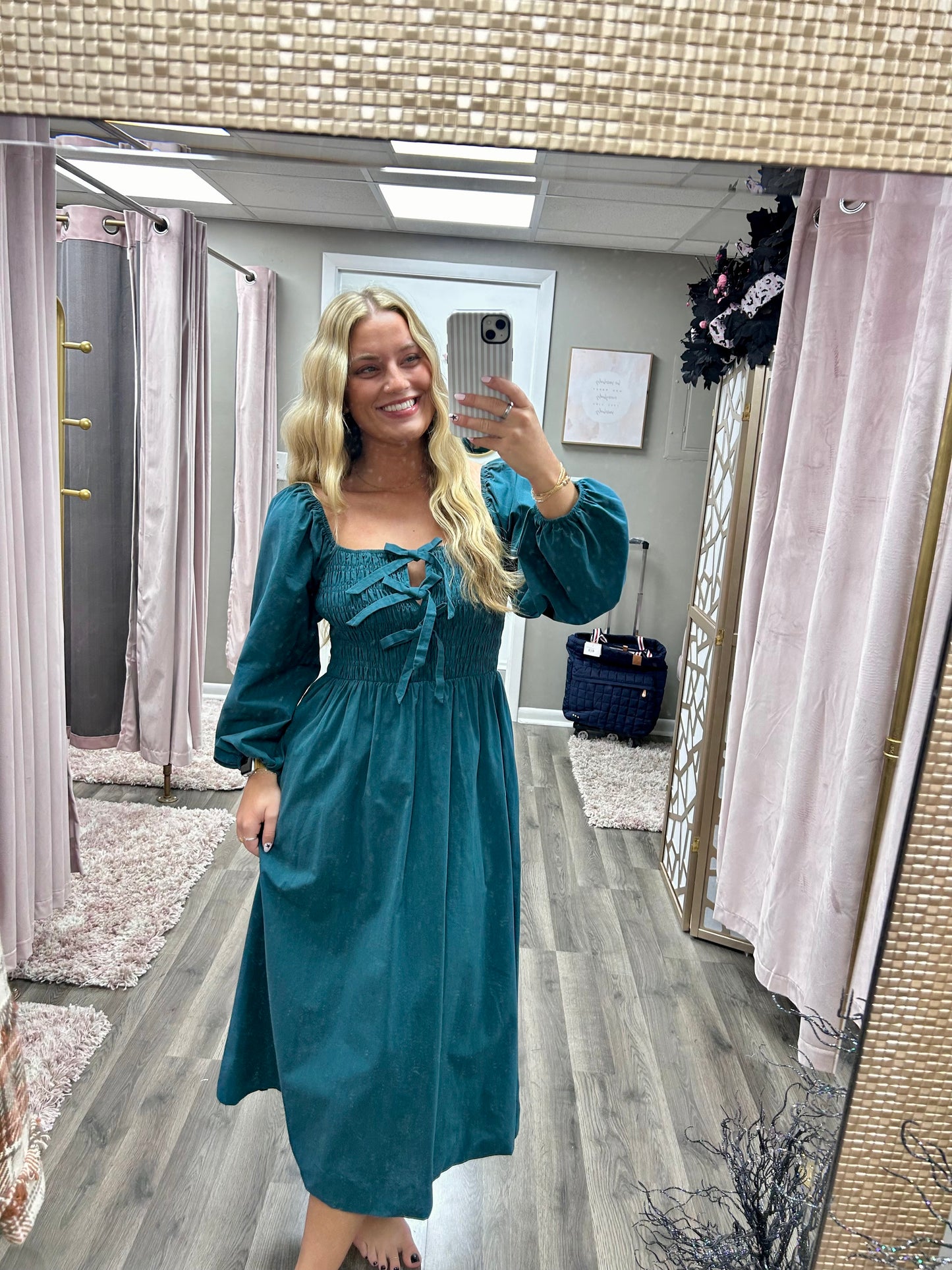 Front Bow Smocked Midi Dress