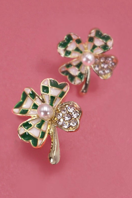 Rhinestone Checker Clover Earrings