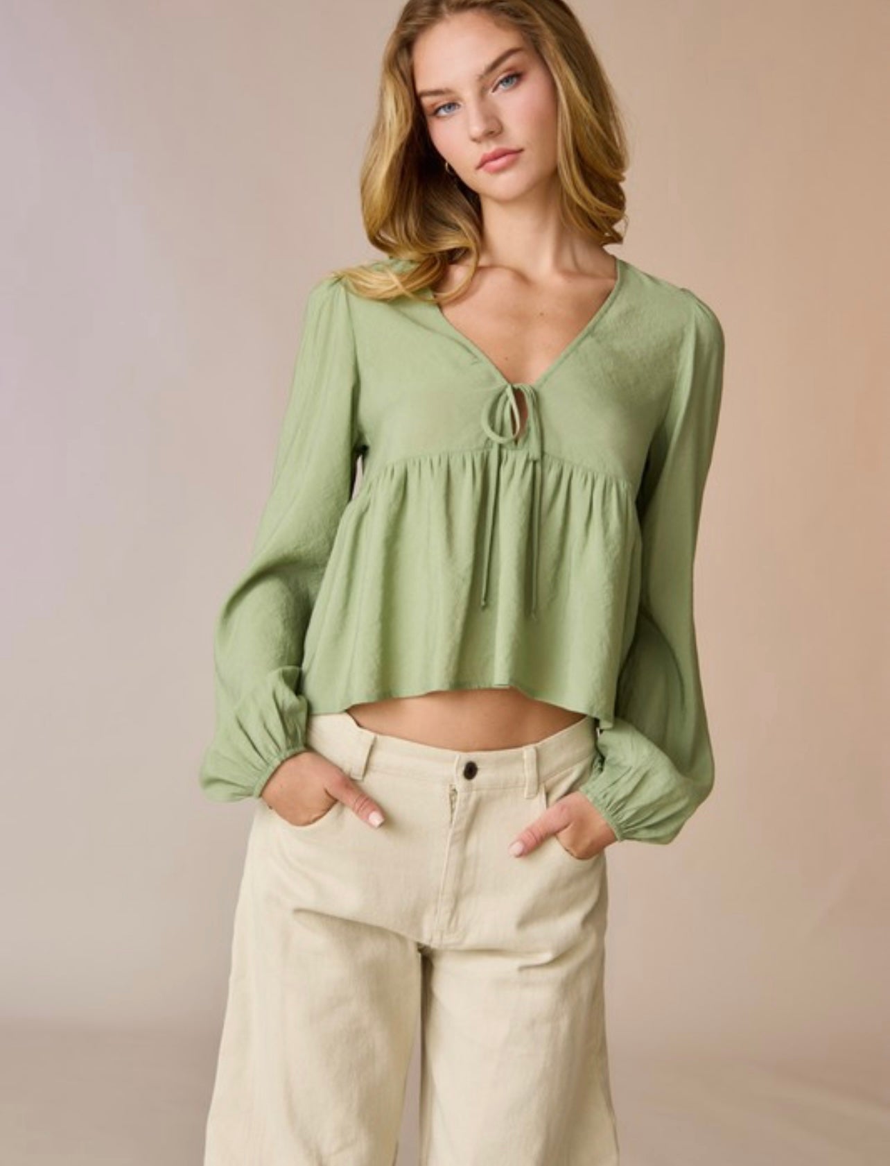 V Neck Tie Woven Top