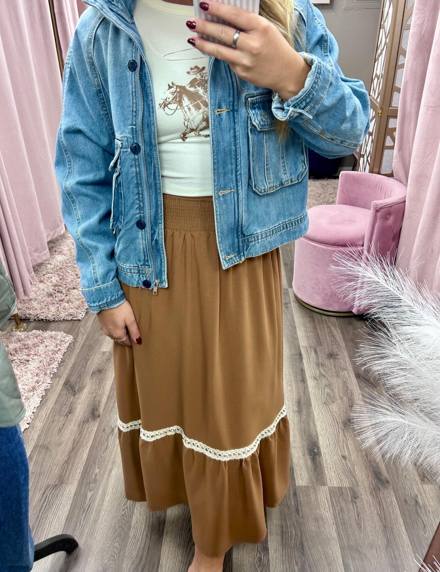 Contrast Lace Trim Midi Skirt