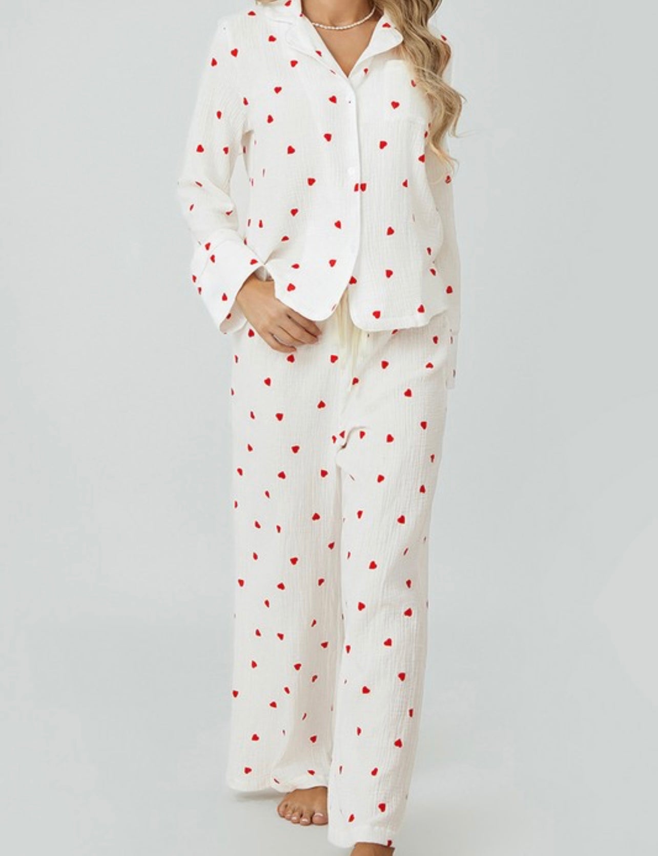 Heart Print Button Down Pj Set