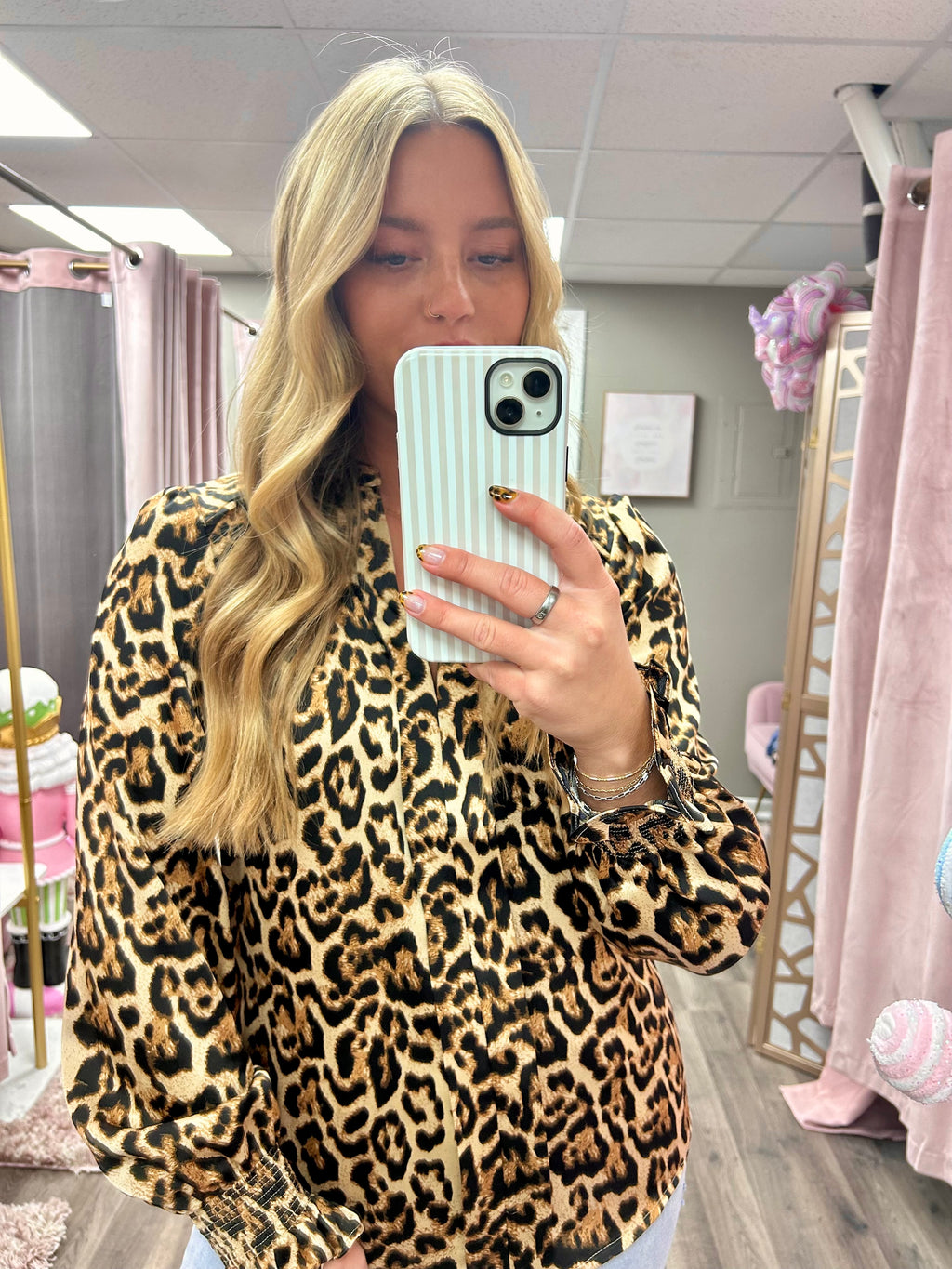 Smocked Detail Leopard Print Blouse