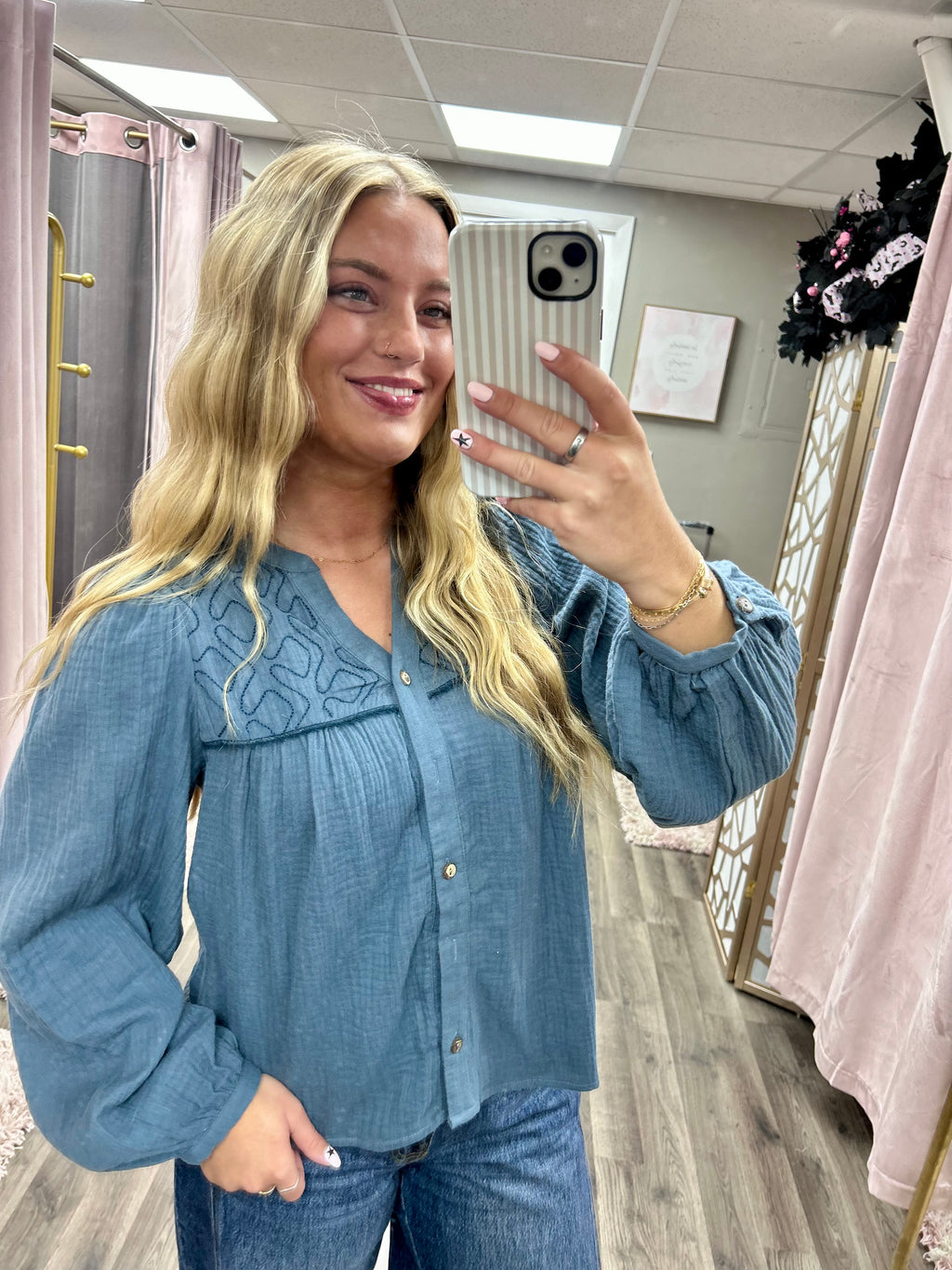 Embroidered Gauze Babydoll Blouse