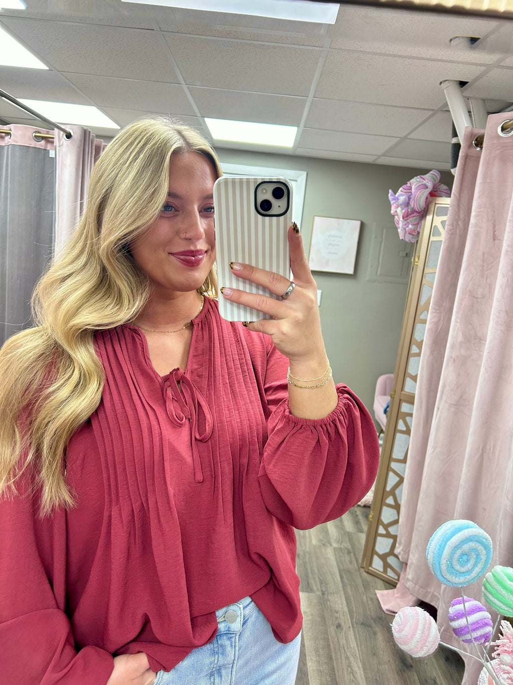 Pintuck V Neck Woven Blouse