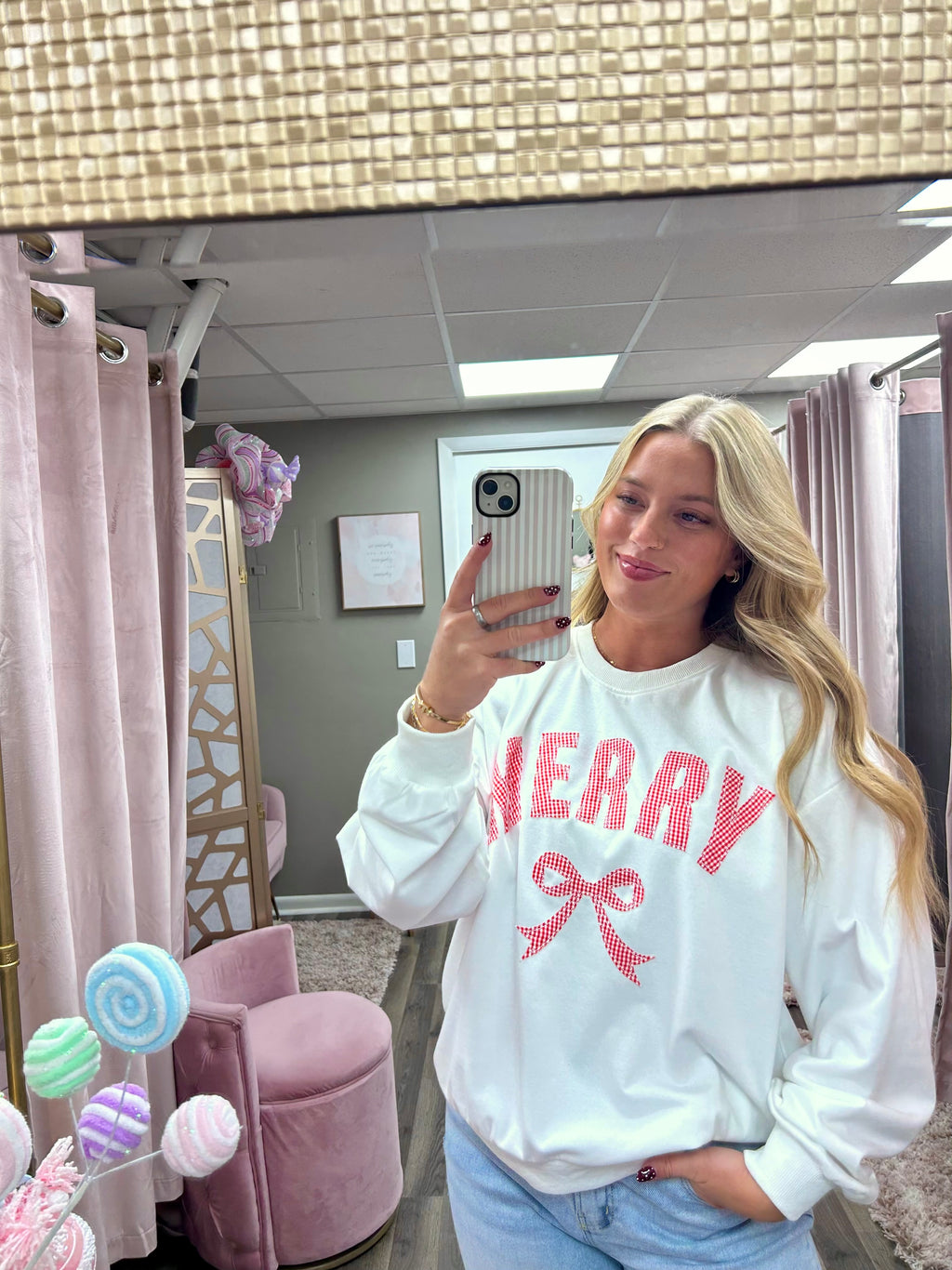 Merry Patchwork Bow Crewneck