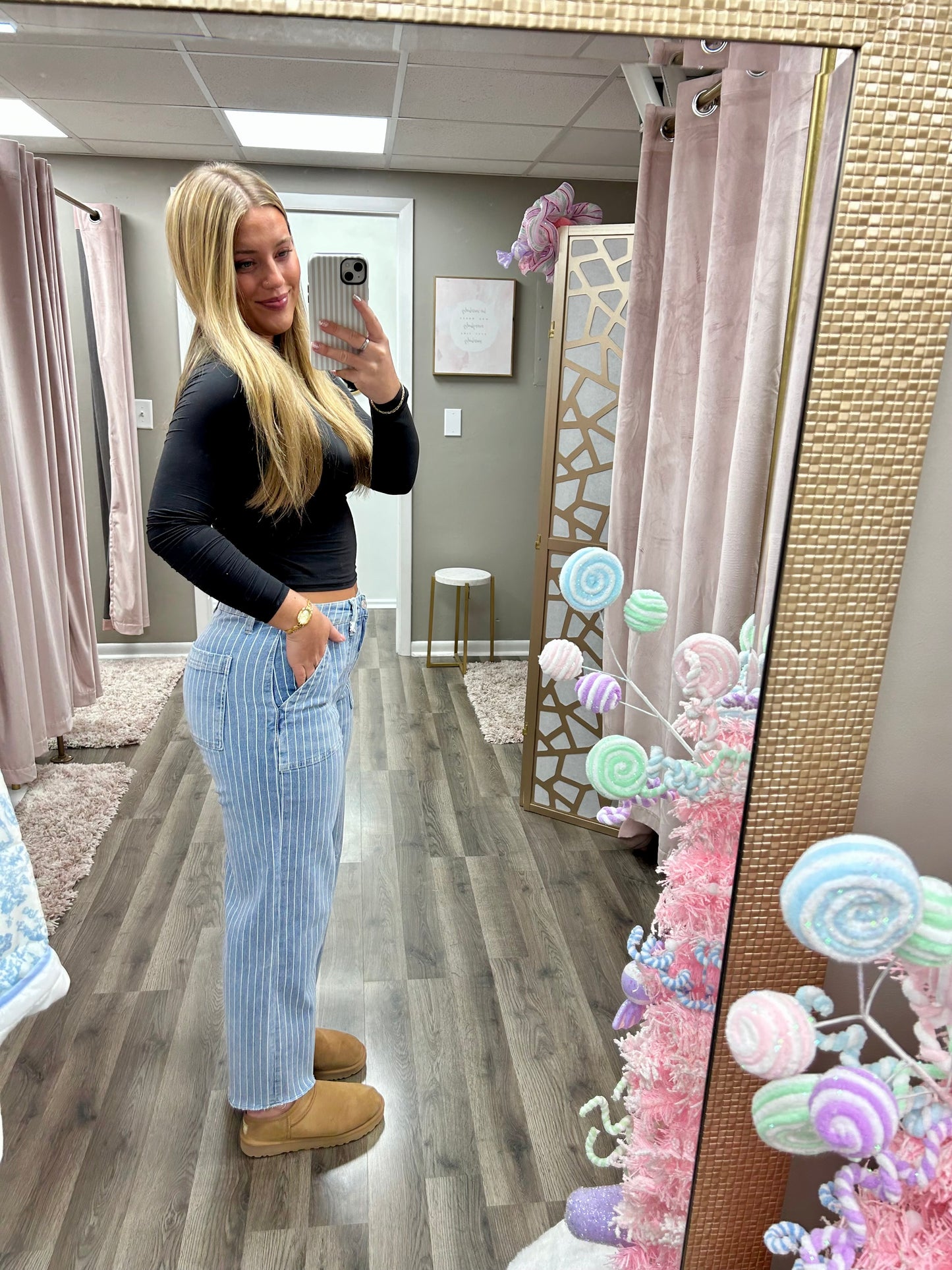 Vervet High Rise Stripe Patch Pocket Barrel Jean