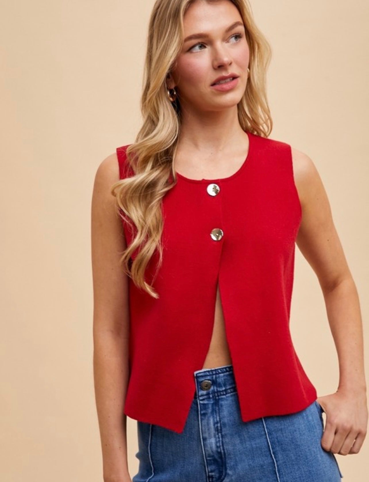 Metal Button Crop Sweater Vest